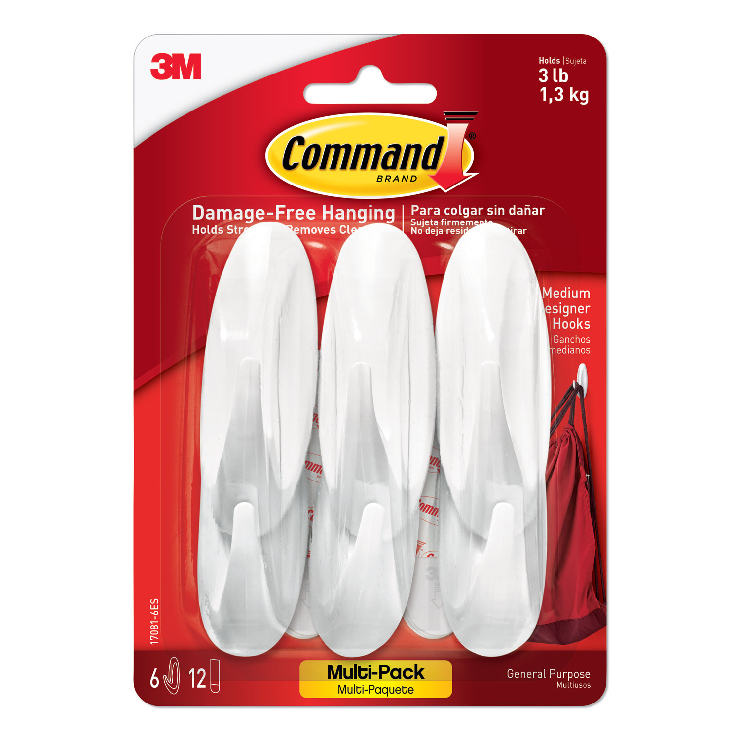  Command 170816ES Designer Hooks, Plastic, White, 3 lb Cap, 6 Hooks and 12 Strips/Pack (MMM170816ES) 