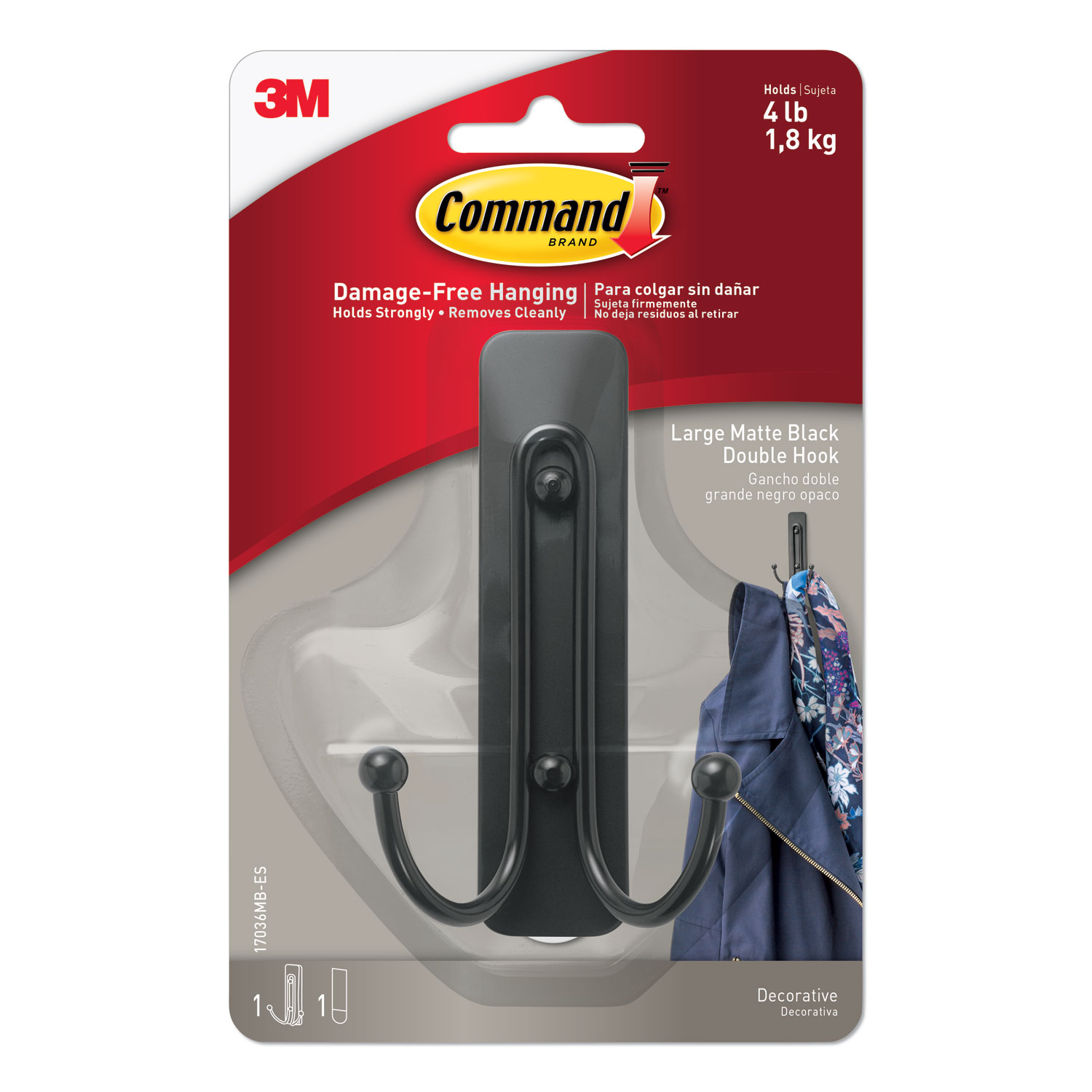 Command™ Adhesive Mount Metal Hook, Large, Double Hook, Matte Black Finish, 1 Hook and 1 Strip/Pack