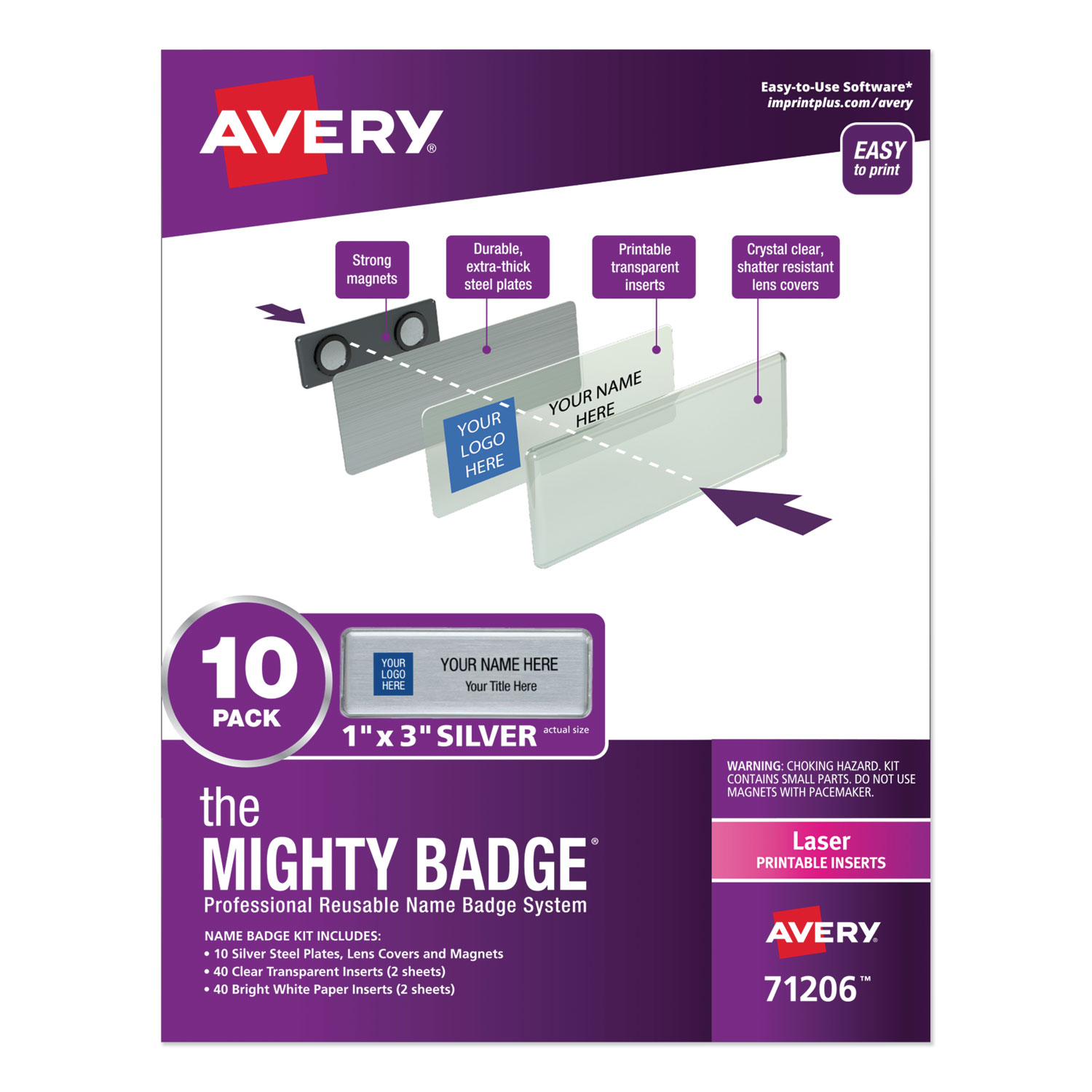  Avery 71206 The Mighty Badge Name Badge Holder Kit, Horizontal, 3 x 1, Laser, Silver, 10 Holders/ 80 Inserts (AVE71206) 