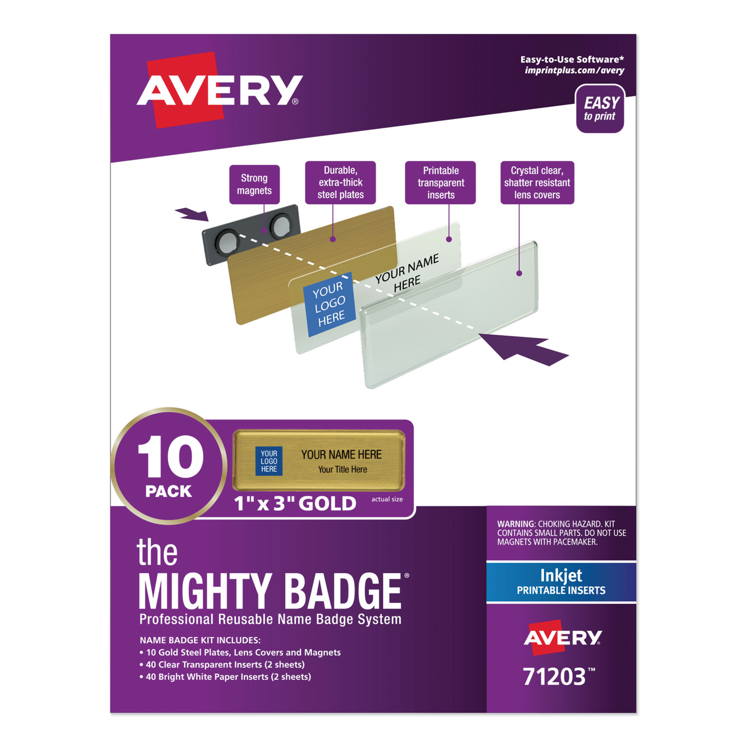 Avery 71203 The Mighty Badge Name Badge Holder Kit, Horizontal, 3 x 1, Inkjet, Gold, 10 Holders/ 80 Inserts (AVE71203) 