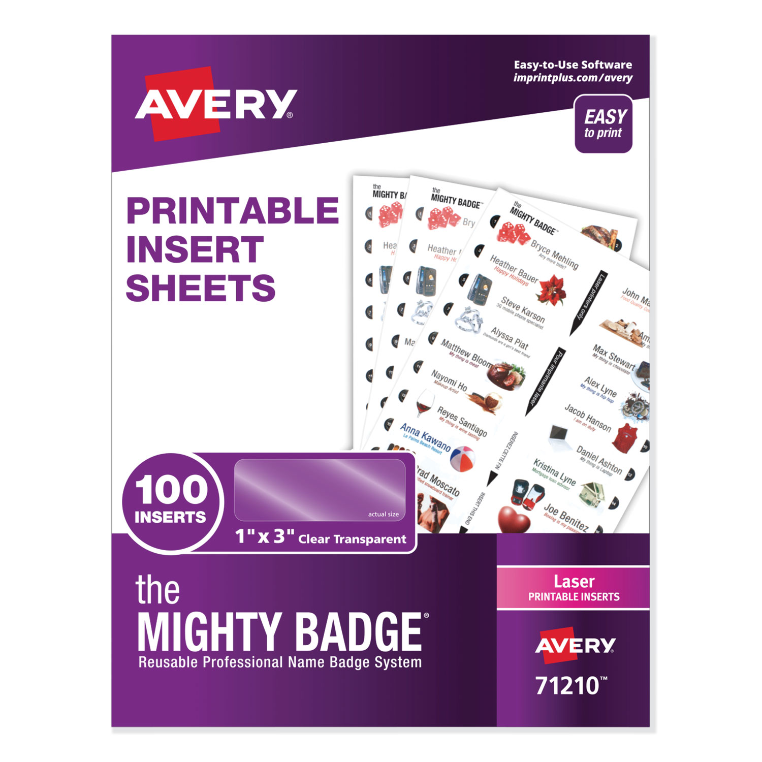  Avery 71210 The Mighty Badge Name Badge Inserts, 1 x 3, Clear, Laser, 20/Sheet, 5 Sheets/Pack (AVE71210) 