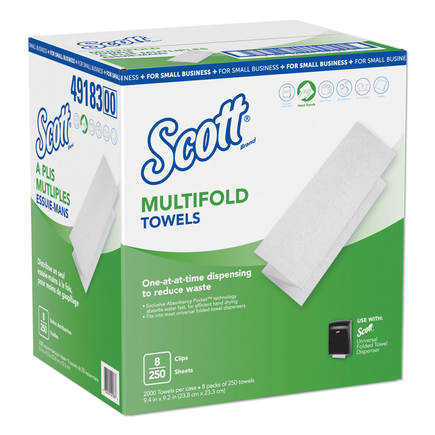  Scott 49183 Multi-Fold Paper Towels, 9.2 x 9.4, White, 250/Pack, 8 Packs/Carton (KCC49183) 