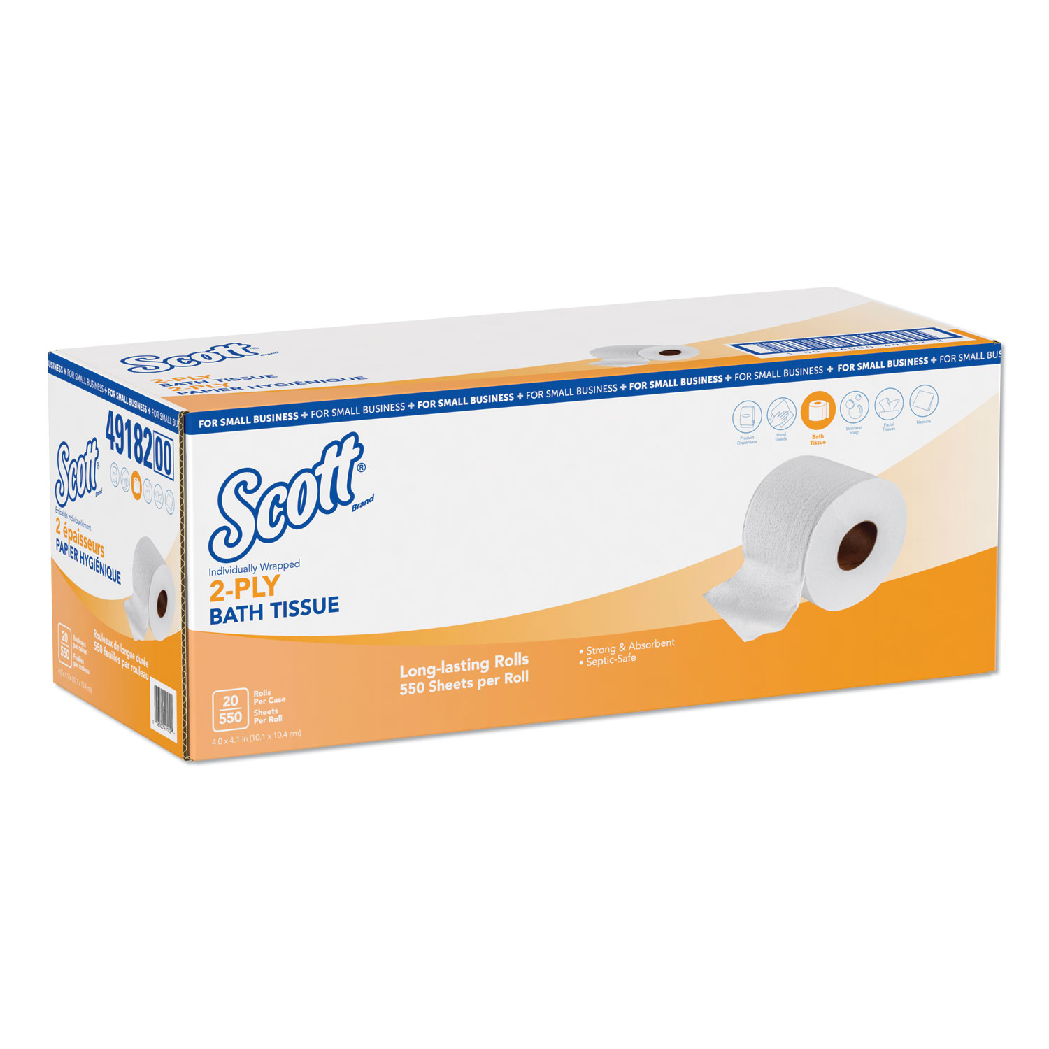  Scott 49182 Essential Standard Roll Bathroom Tissue, Small Business, Septic Safe, 2-Ply, White, 550 Sheets/Roll, 20 Rolls/Carton (KCC49182) 