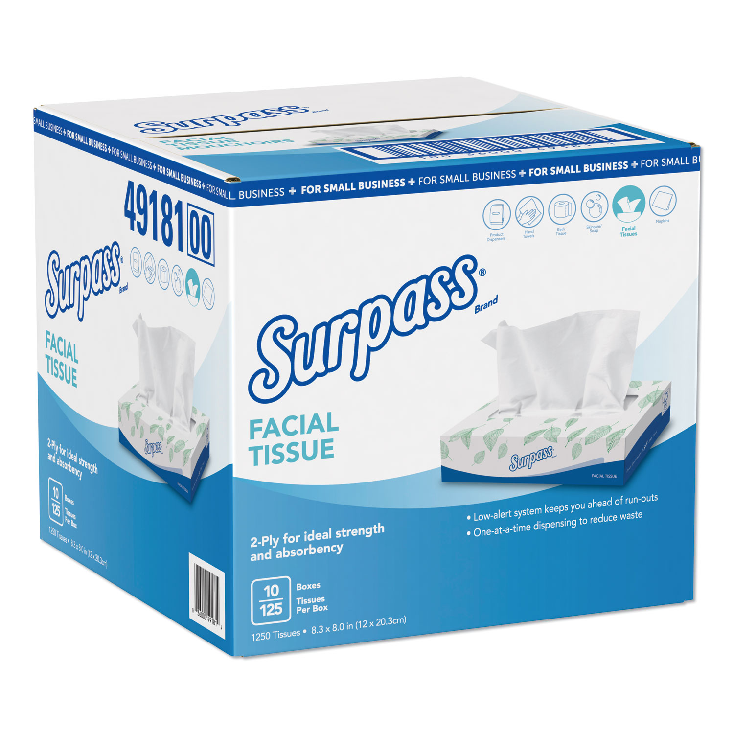  Surpass 49181 Facial Tissue, 2-Ply, White, Flat Box, 125/Box, 10 Boxes/Carton (KCC49181) 