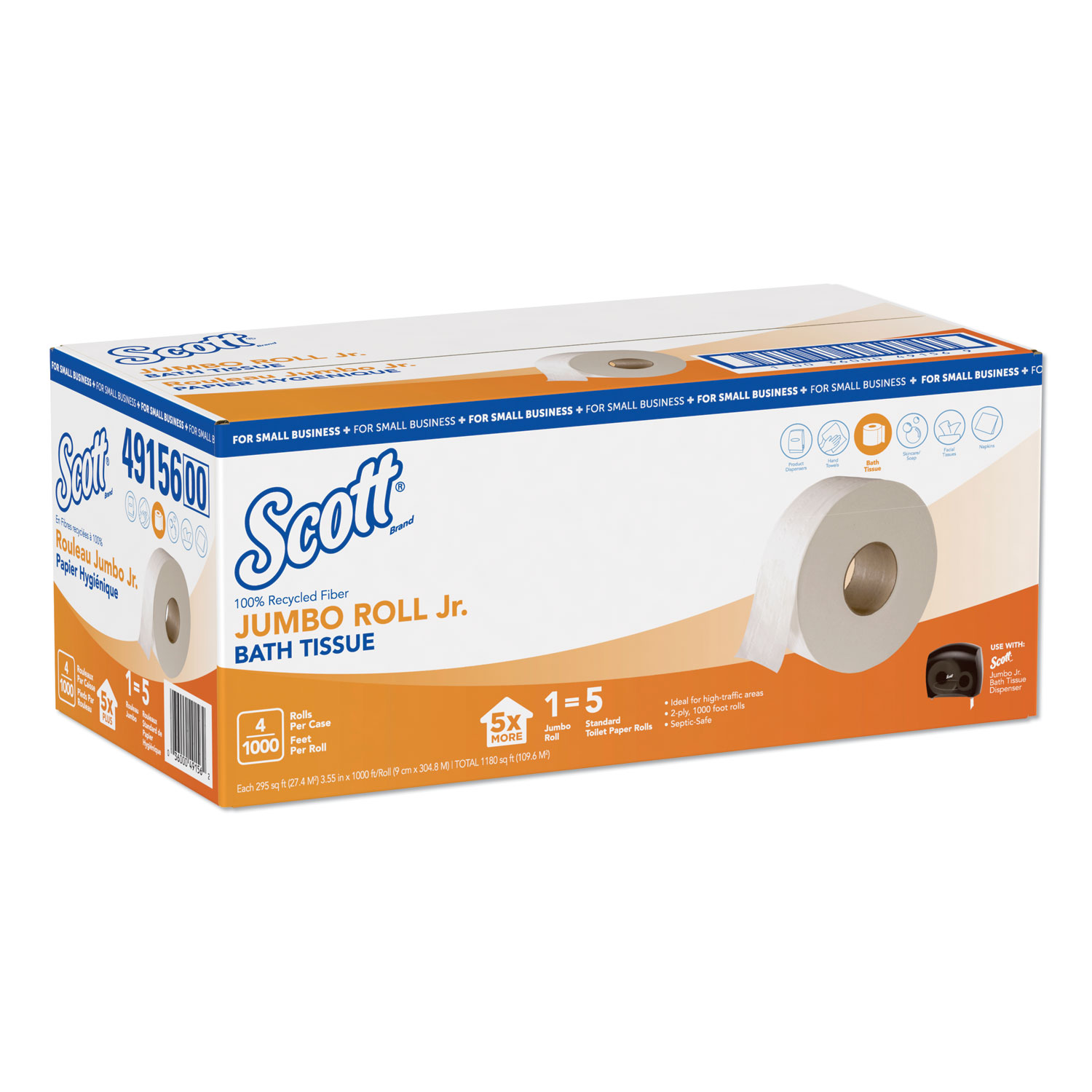  Scott 49156 Essential 100% Recycled Fiber JRT Bathroom Tissue, Septic Safe, 2-Ply, White, 1000 ft, 4 Rolls/Carton (KCC49156) 