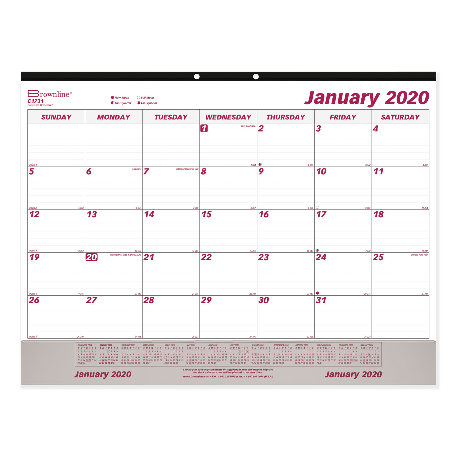  Brownline C1731V Monthly Desk Pad Calendar, 22 x 17, White/Maroon, 2020 (REDC1731V) 