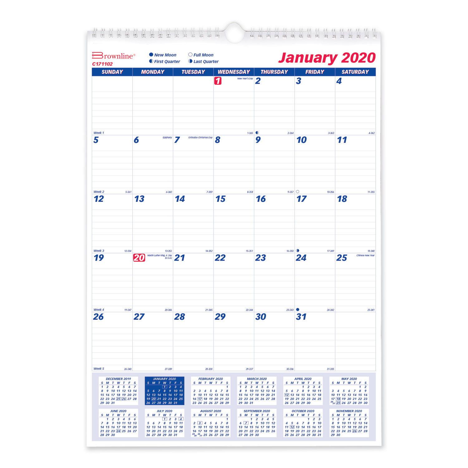  Brownline C171102 One Month Per Page Twin Wirebound Wall Calendar, 12 x 17, 2020 (REDC171102) 
