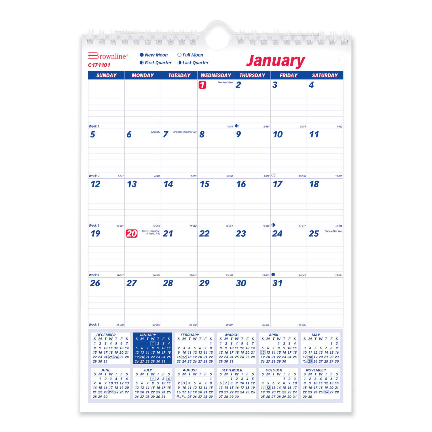  Brownline C171101 One Month Per Page Twin Wirebound Wall Calendar, 8 x 11, 2020 (REDC171101) 