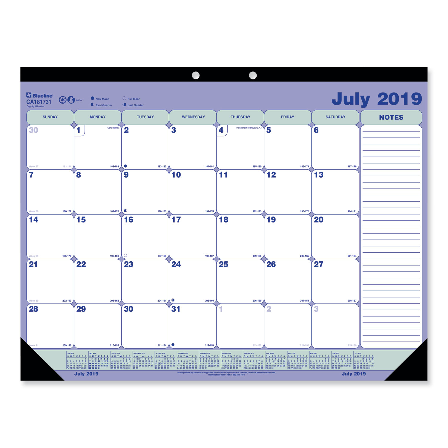 Academic Desk Pad Calendar, 21 1/4 x 16, White/Blue/Green, 2019-2020