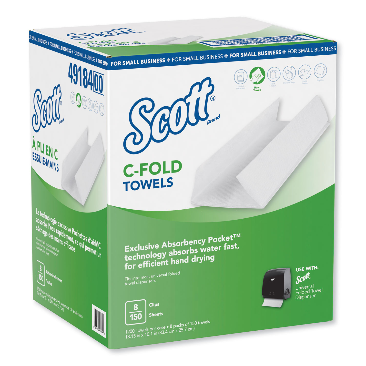  Scott 49184 C-Fold Towels, Absorbency Pockets,10.13 x 13.15, White, 150/PK,8 PK/CT (KCC49184) 