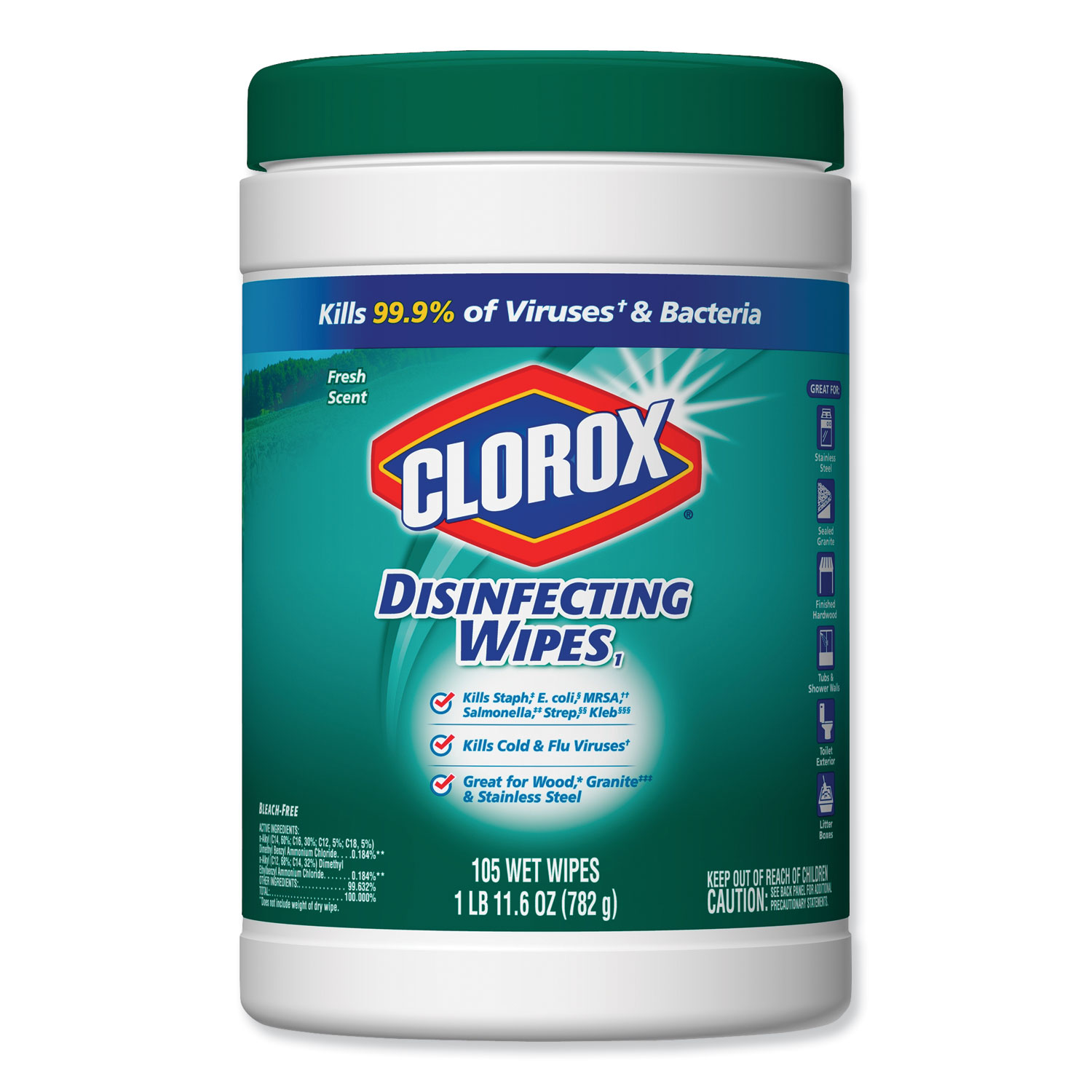  Clorox 01728 Disinfecting Wipes, White, 7 x 8, Fresh Scent, 105/Canister, 4 Canisters/Carton (CLO01728) 
