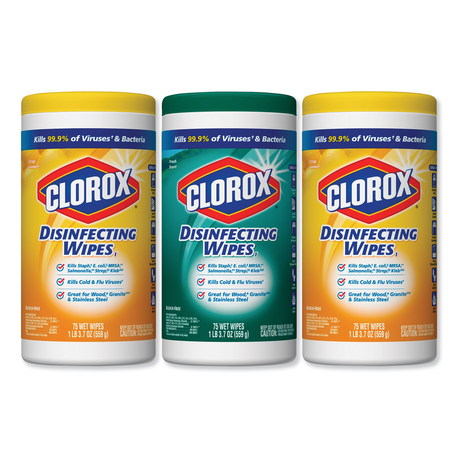  Clorox CLO 30208 Disinfecting Wipes, 7x8, Fresh Scent/Citrus Blend, 75/Canister, 3/PK, 4 Packs/CT (CLO30208) 