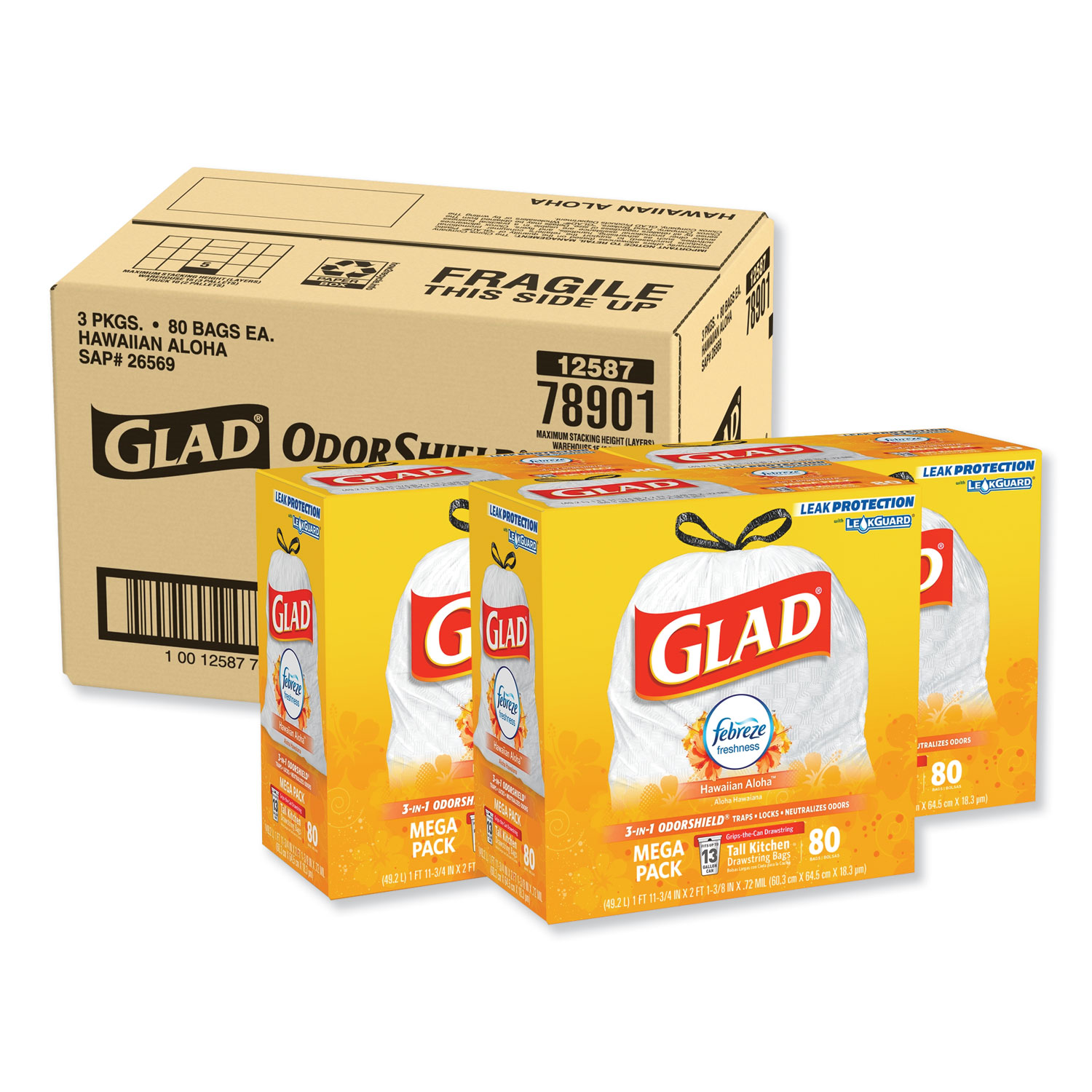  Glad 78901 OdorShield Tall Kitchen Drawstring Bags, 13 gal, 0.95 mil, 24 x 27.38, White, 240/Carton (CLO78901) 