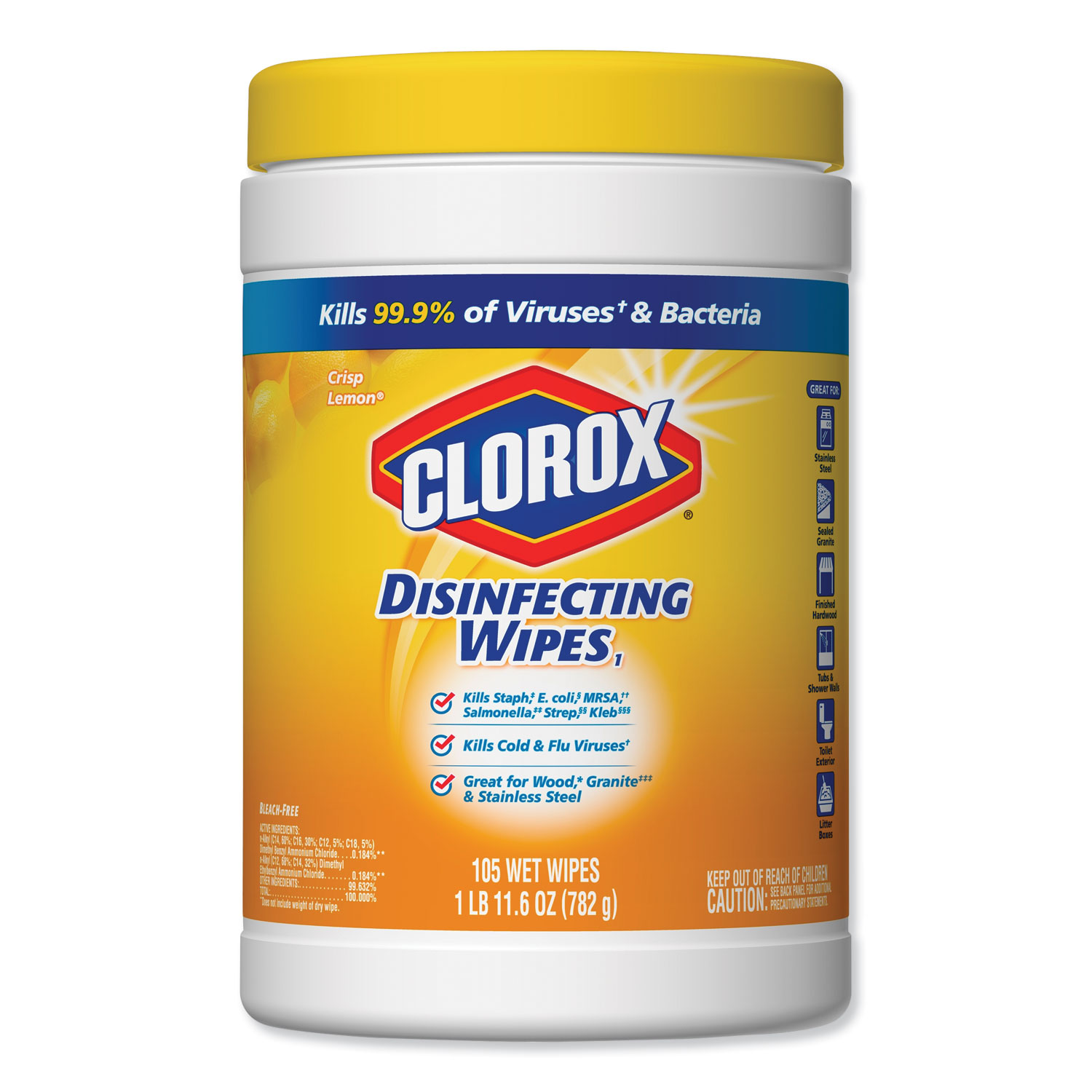  Clorox 1727 Disinfecting Wipes, 7 x 8, Crisp Lemon, 105/Canister, 4 Canisters/Carton (CLO01727) 