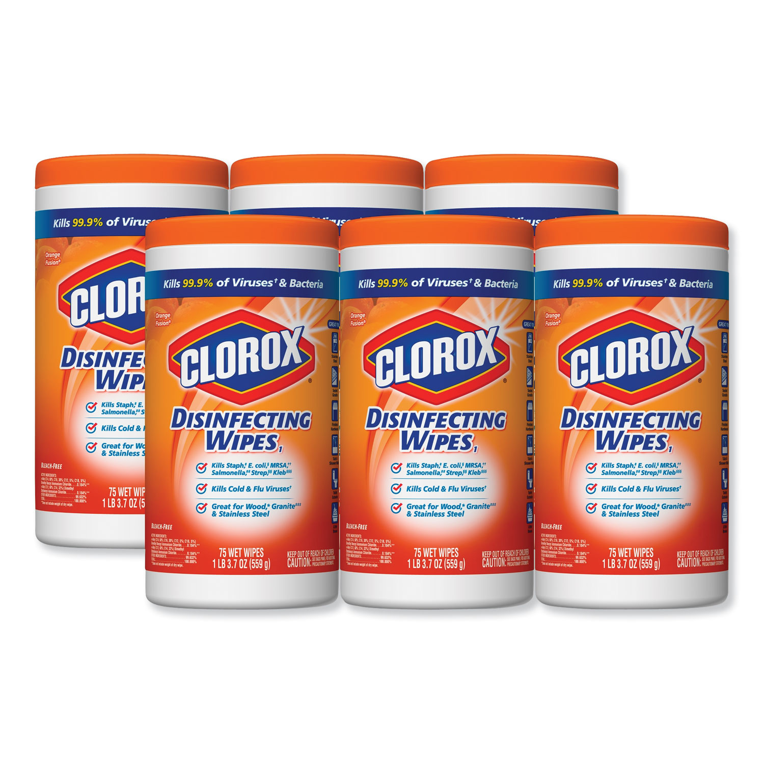  Clorox CLO 01686 Disinfecting Wipes, 7 x 8, Orange Fusion, 75/Canister, 6 Canisters/Carton (CLO01686CT) 