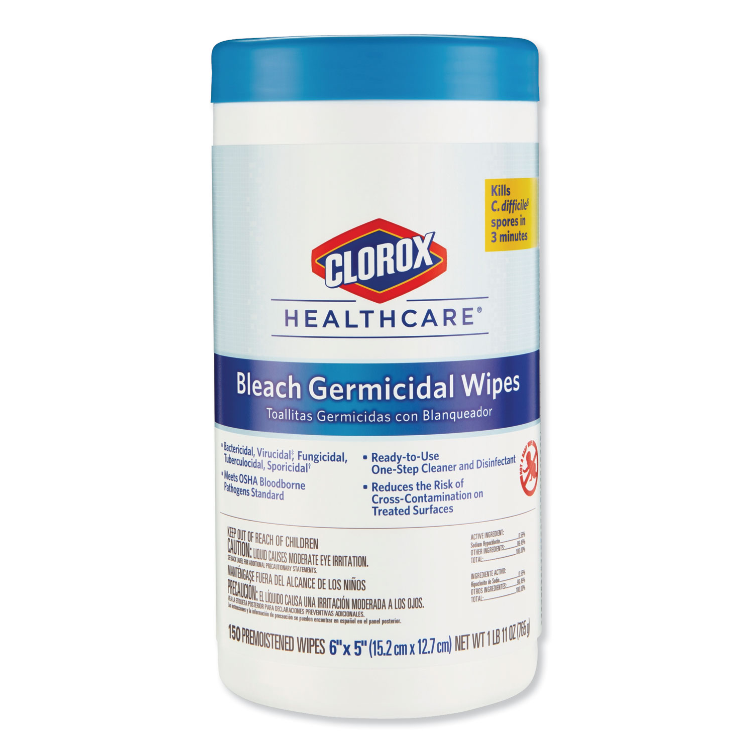  Clorox Healthcare 30577 Bleach Germicidal Wipes, 6 x 5, Unscented, 150/Canister (CLO30577) 