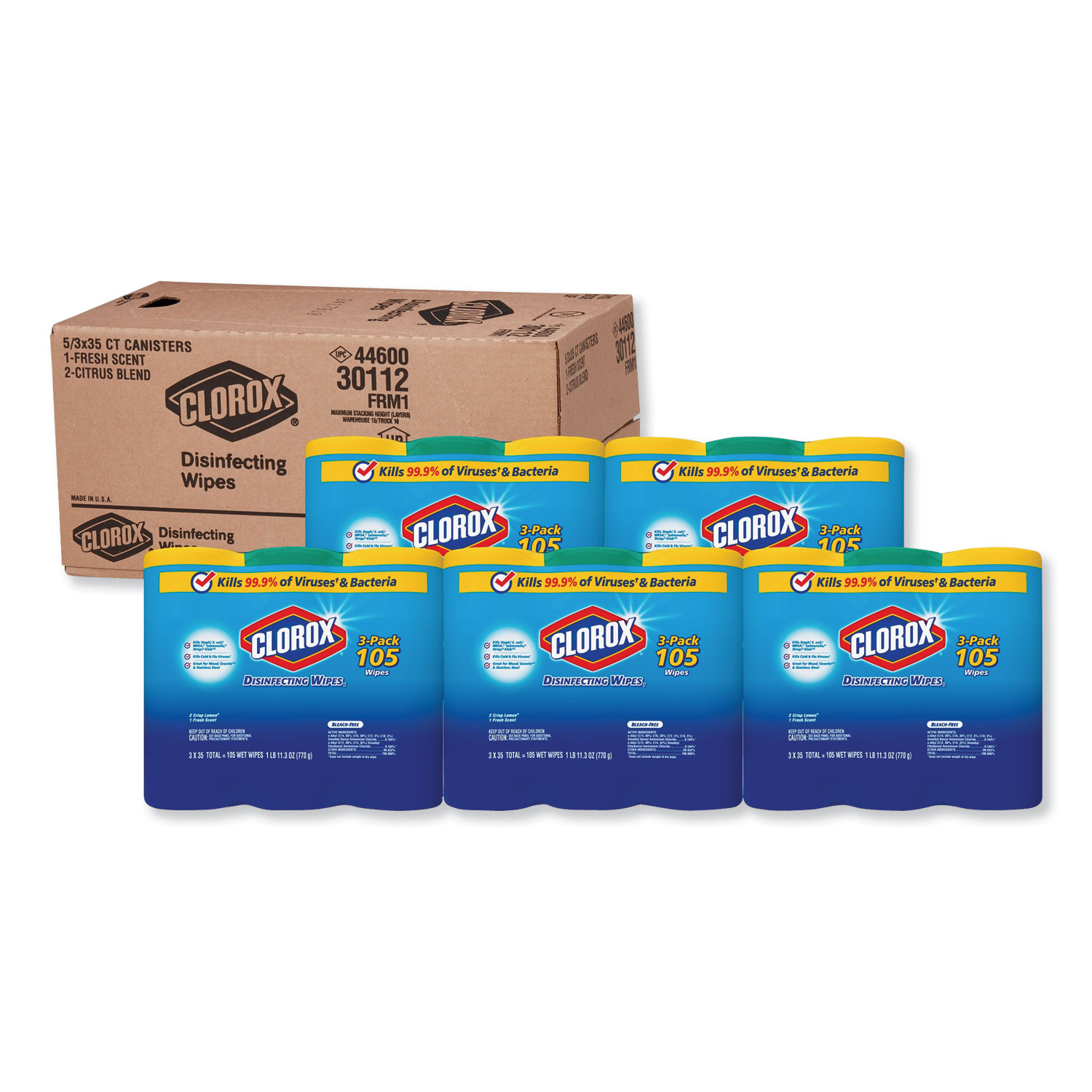 Clorox CLO 30112 Disinfecting Wipes, 7x8, Fresh Scent/Citrus Blend, 35/Canister, 3/PK, 5 Packs/CT (CLO30112CT) 