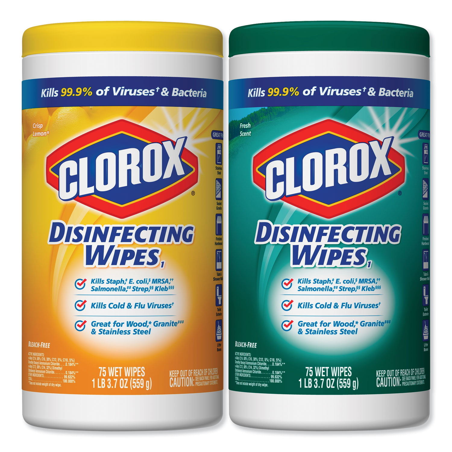  Clorox 1599 Disinfecting Wipes, 7 x 8, Fresh Scent/Citrus Blend, 75/Can, 2 Cans/PK, 6 PK/CT (CLO01599CT) 