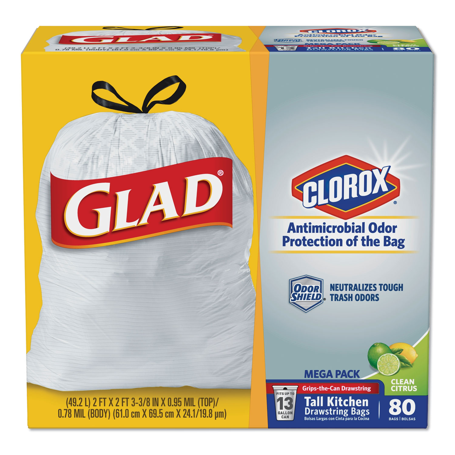  Glad 78900BX OdorShield Tall Kitchen Drawstring Bags, 13 gal, 0.95 mil, 24 x 27.38, White, 80/Box (CLO78900BX) 