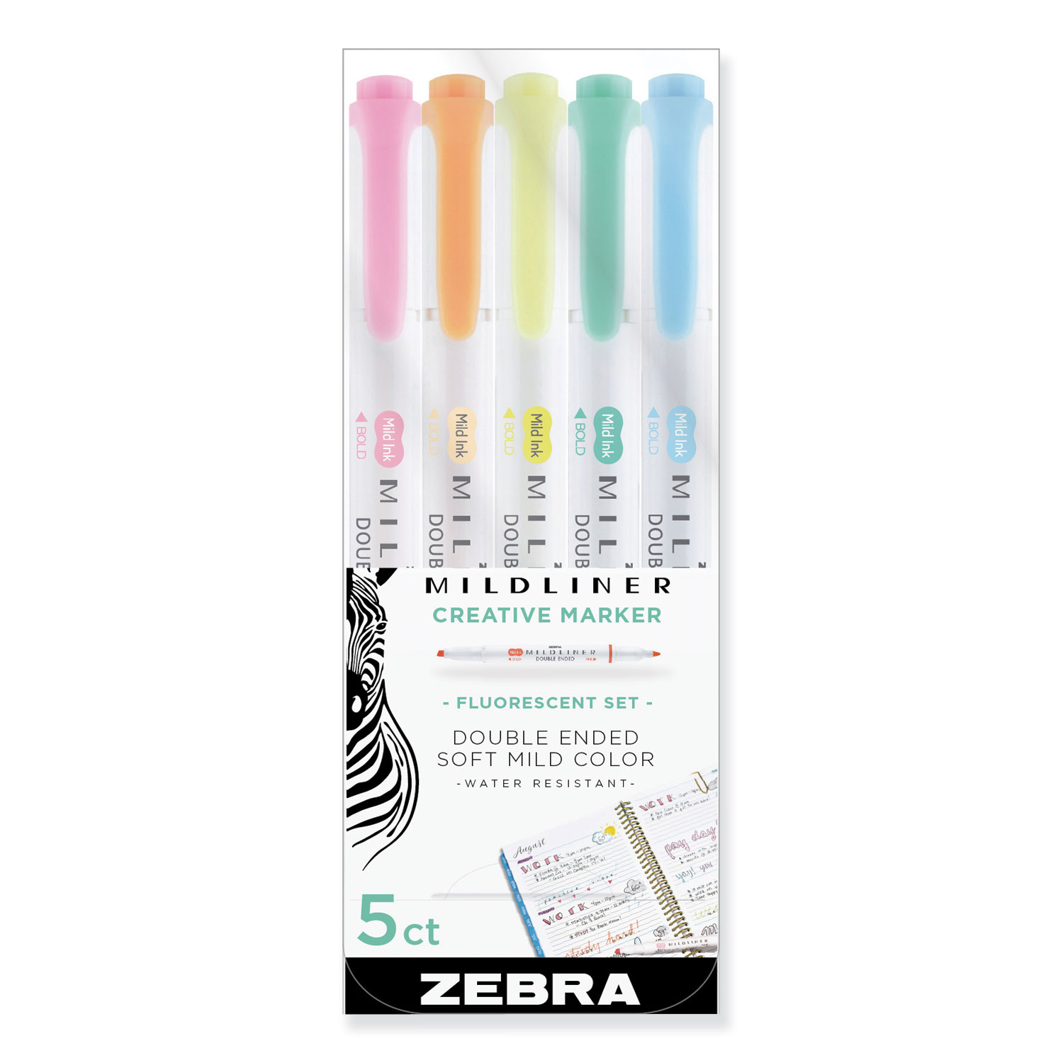  Zebra 78105 Mildliner Double Ended Highlighter, Chisel/Bullet Tip, Assorted Colors, 5/Pack (ZEB78105) 