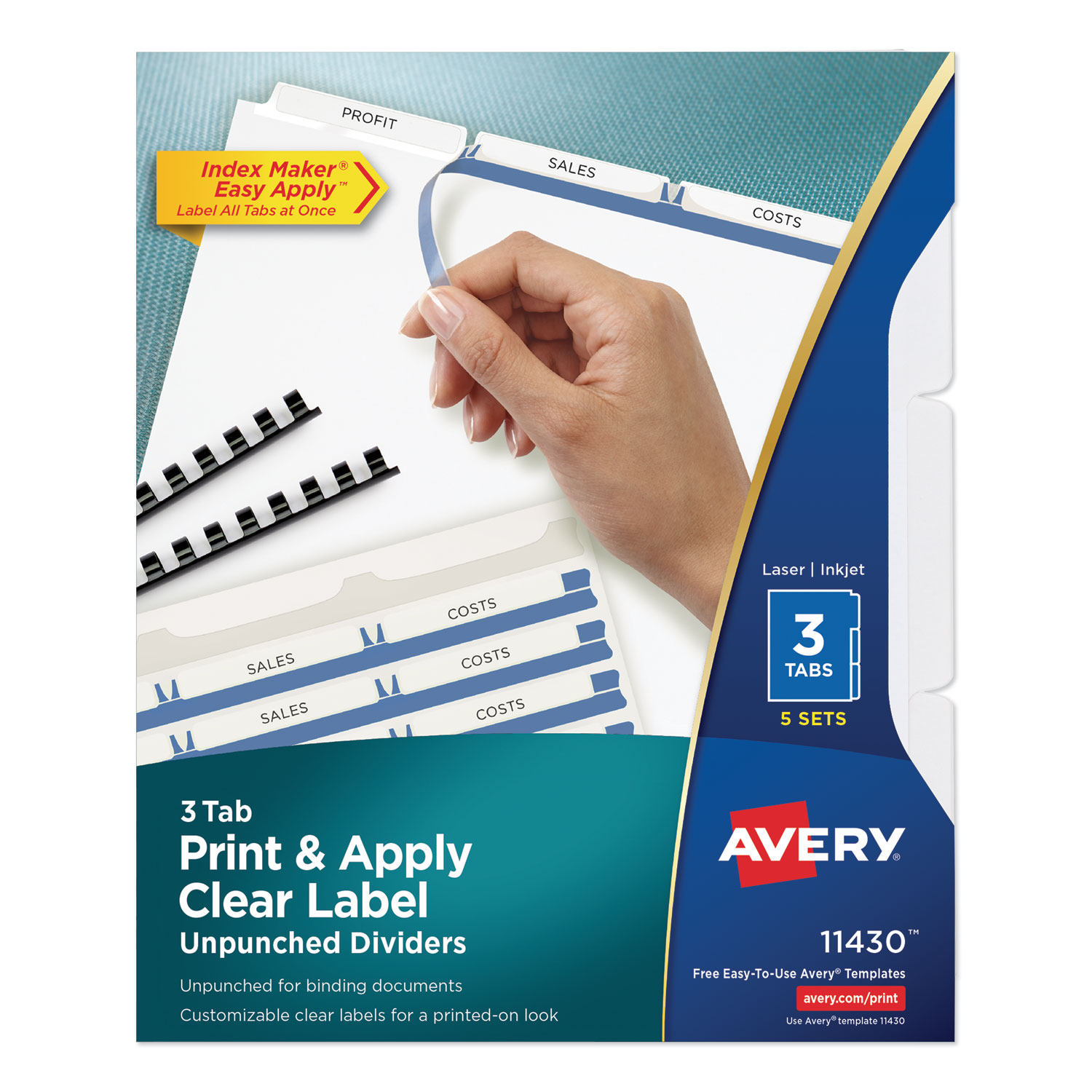  Avery 11430 Print and Apply Index Maker Clear Label Unpunched Dividers, 3Tab, Letter, 5 Sets (AVE11430) 