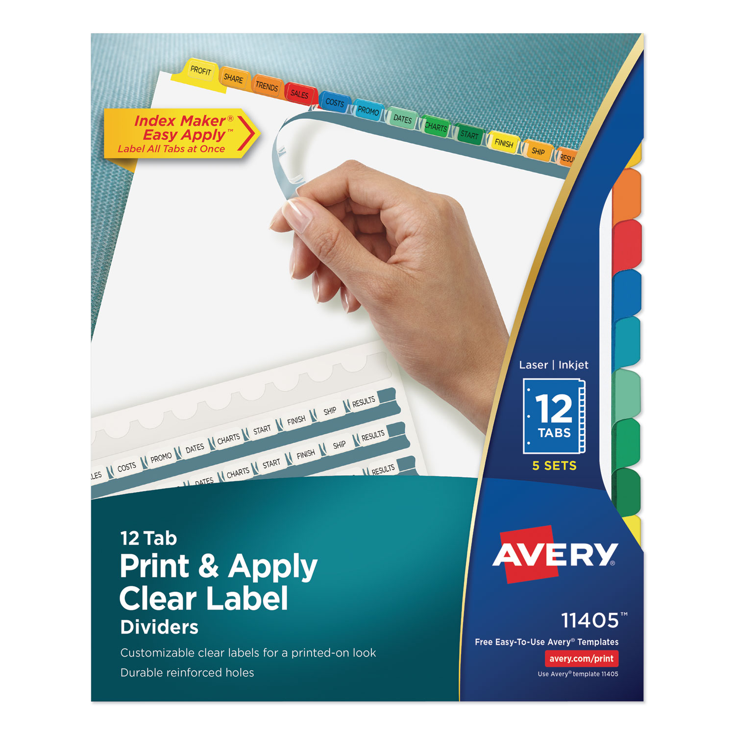  Avery 11405 Print and Apply Index Maker Clear Label Dividers, 12 Color Tabs, Letter, 5 Sets (AVE11405) 
