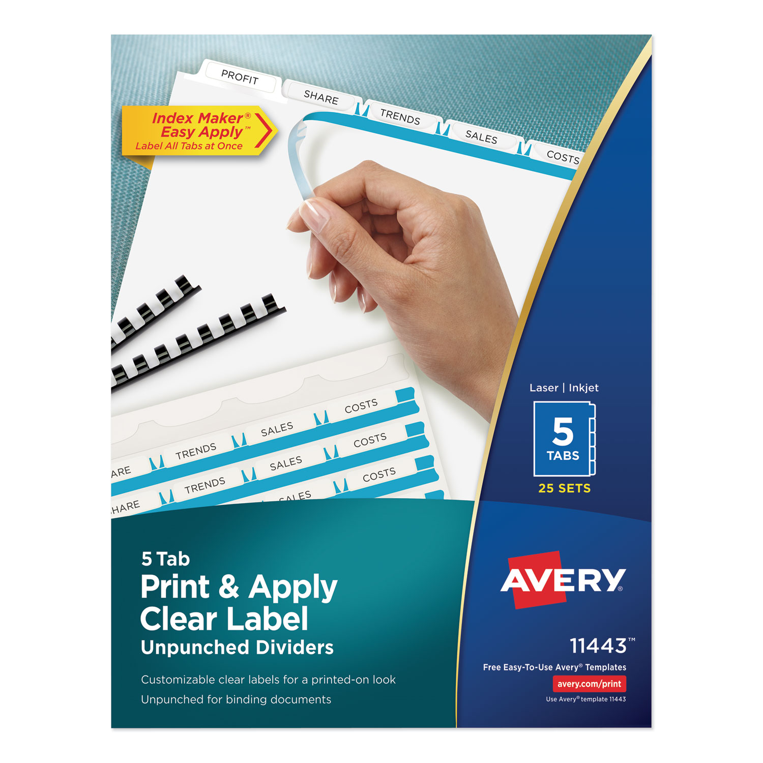  Avery 11443 Print and Apply Index Maker Clear Label Unpunched Dividers, 5-Tab, Ltr, 25 Sets (AVE11443) 