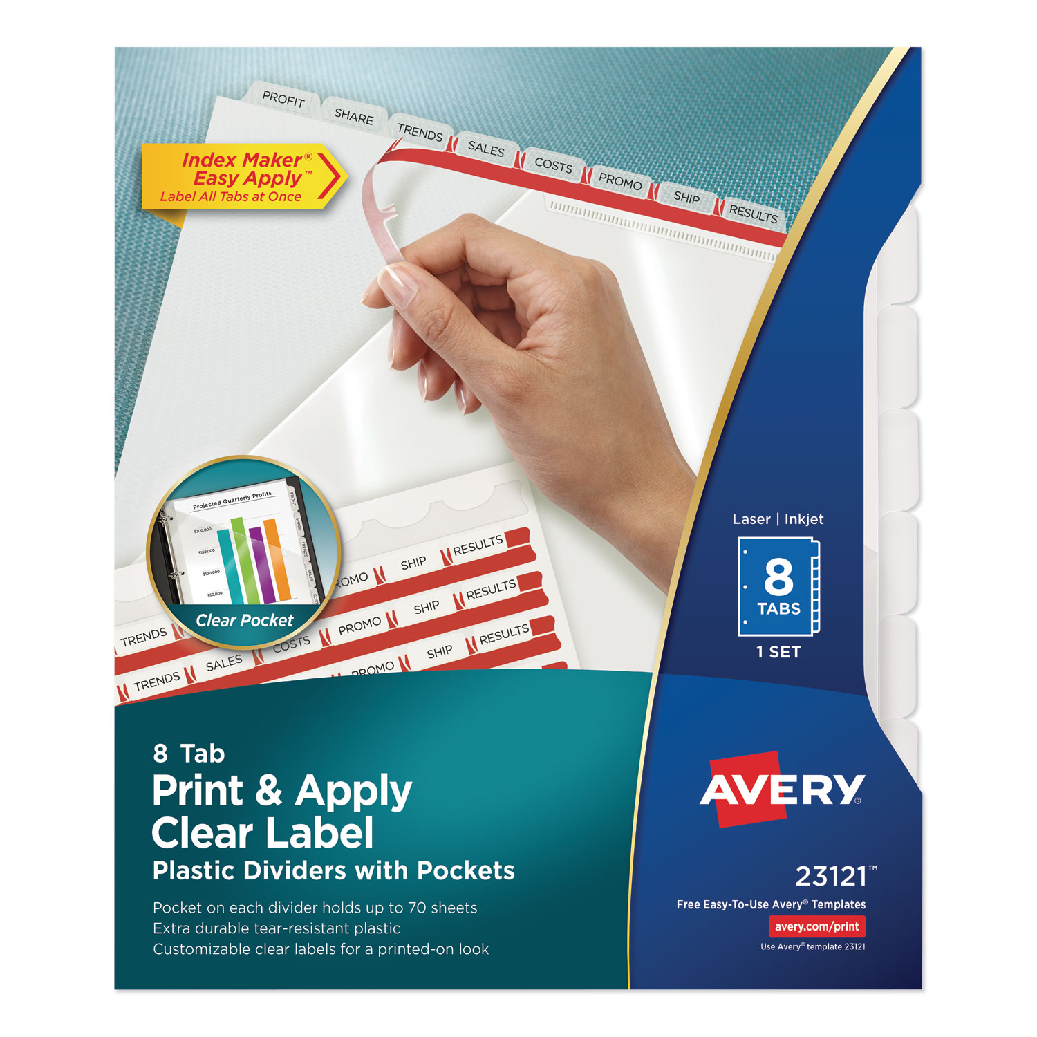  Avery 23121 Print/Apply 1-Pocket Index Maker Clear Label Plastic Dividers with Printable Label Strip, 8-Tab, 11 x 8.5, Translucent, 1 Set (AVE23121) 
