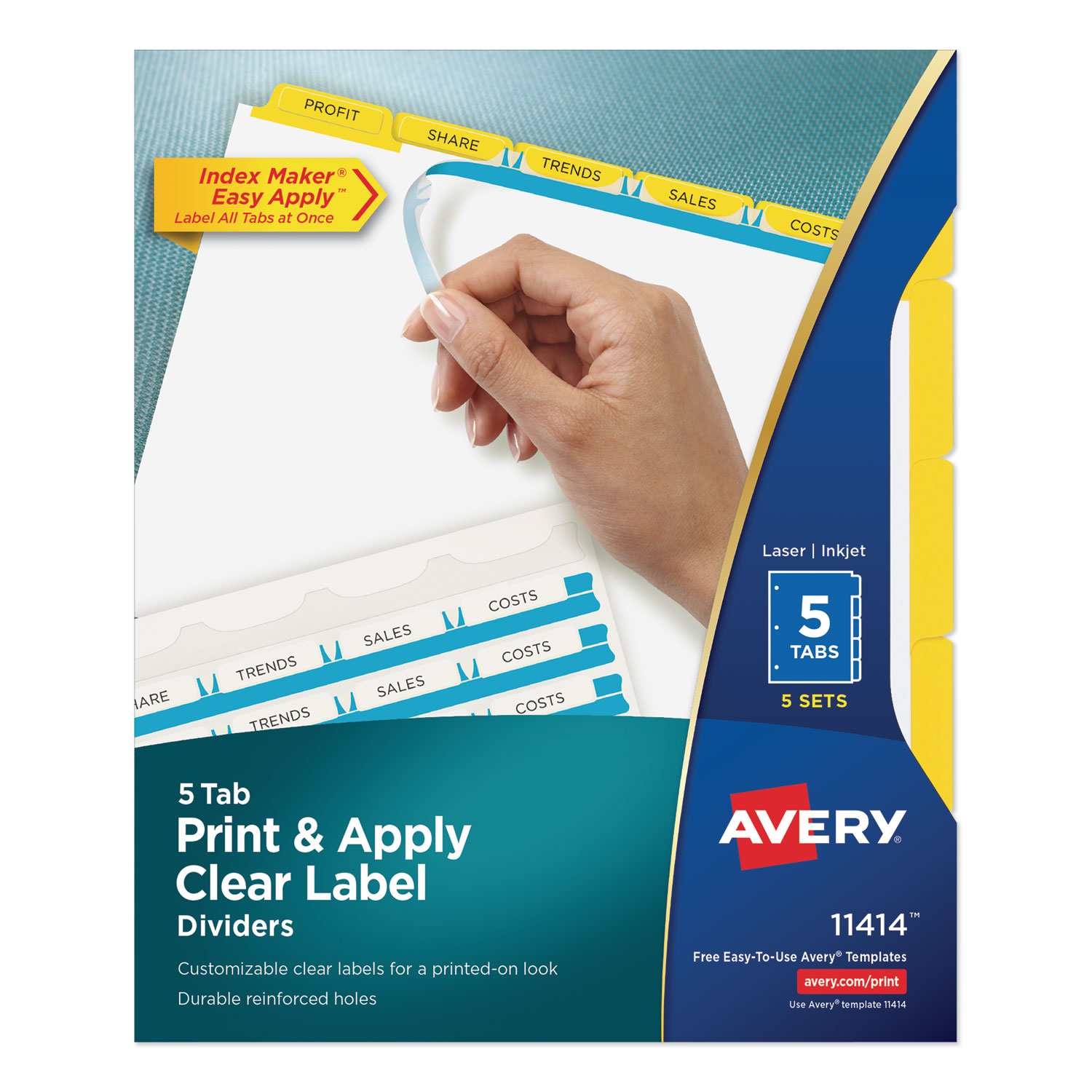  Avery 11414 Print and Apply Index Maker Clear Label Dividers, 5 Color Tabs, Letter, 5 Sets (AVE11414) 