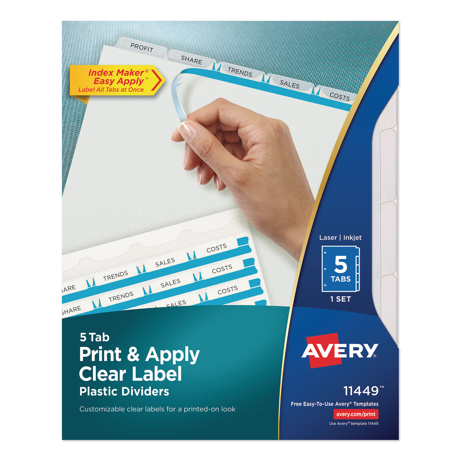  Avery 11449 Print and Apply Index Maker Clear Label Plastic Dividers with Printable Label Strip, 5-Tab, 11 x 8.5, Translucent, 1 Set (AVE11449) 