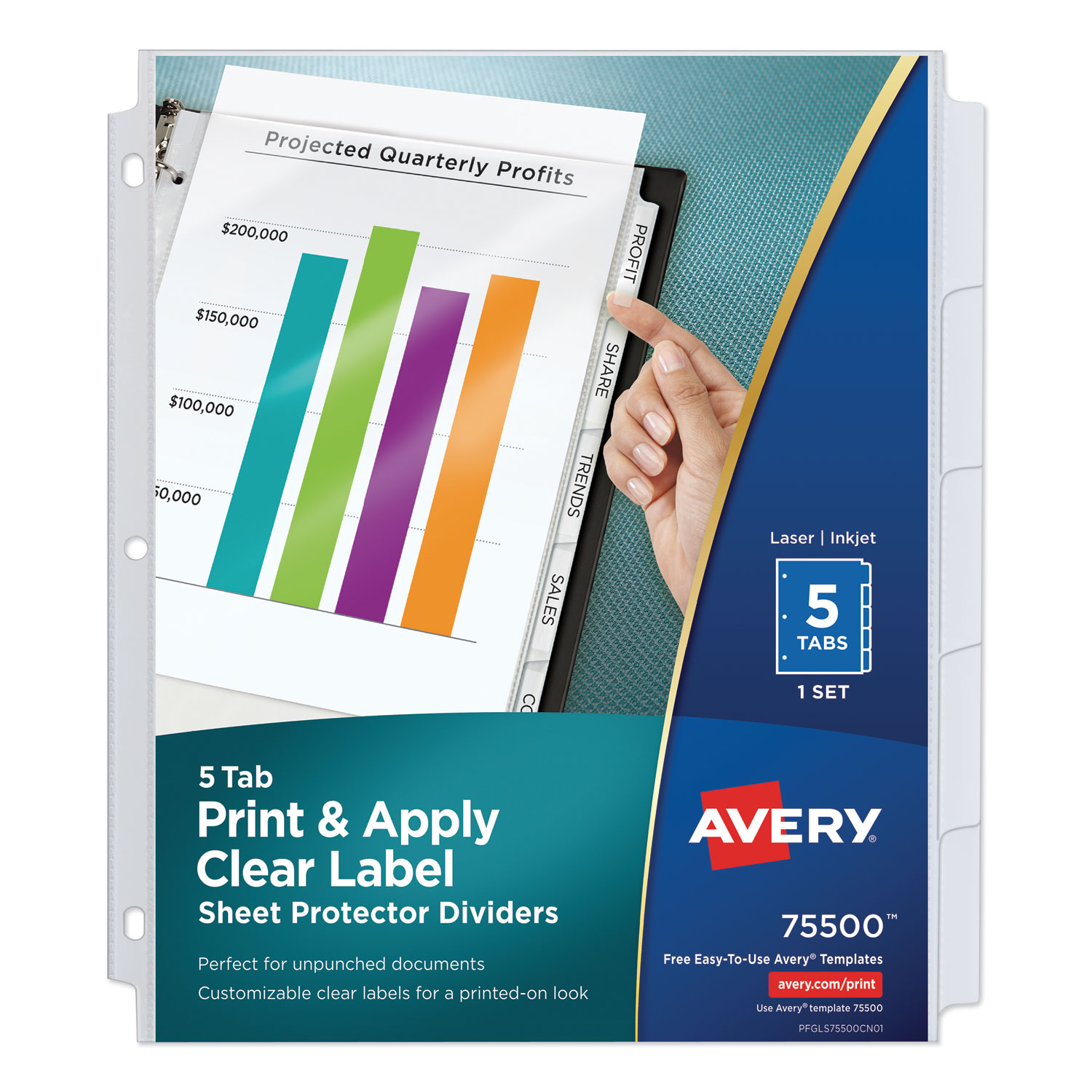  Avery 75500 Print and Apply Index Maker Clear Label Sheet Protector Dividers with White Tabs, 5-Tab, 11 x 8.5, White, 1 Set (AVE75500) 