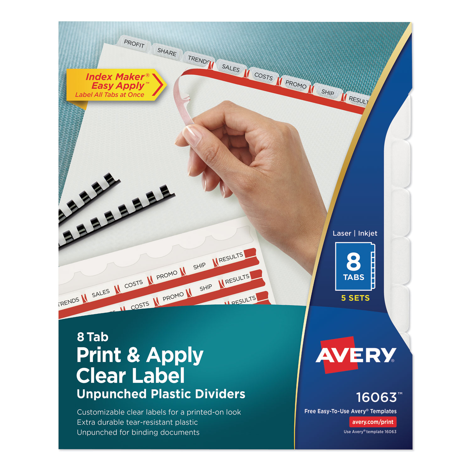  Avery 16063 Print and Apply Index Maker Clear Label Unpunched Dividers with Printable Label Strip, 8-Tab, 11 x 8.5, Clear, 5 Sets (AVE16063) 