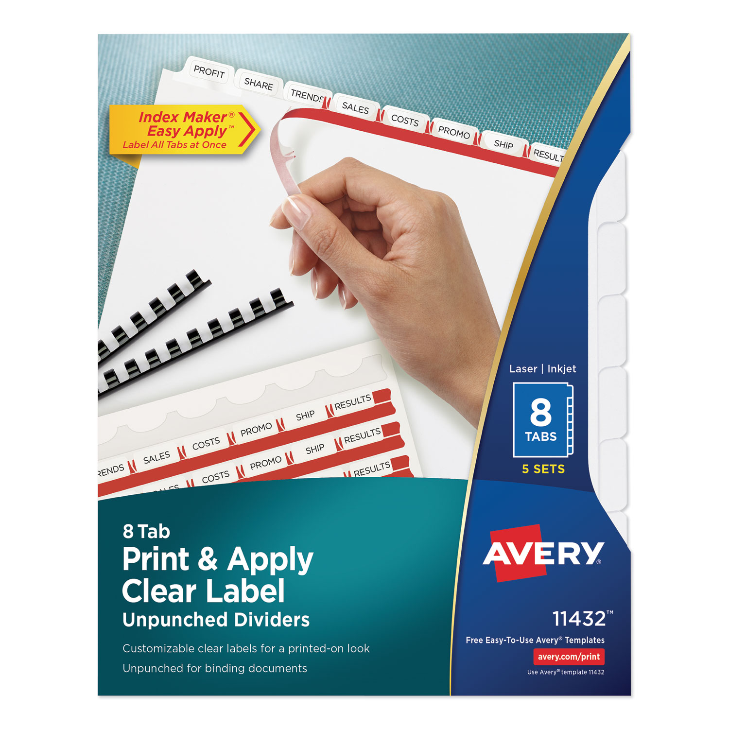  Avery 11432 Print and Apply Index Maker Clear Label Unpunched Dividers, 8Tab, Letter, 5 Sets (AVE11432) 