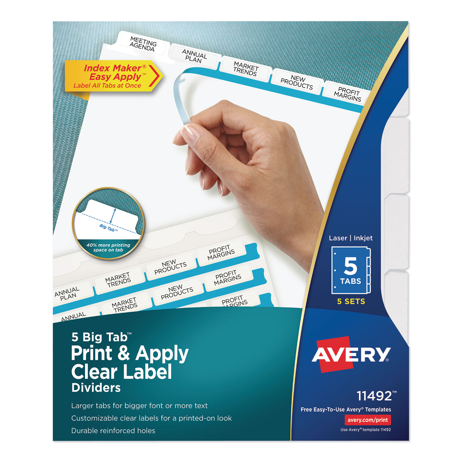  Avery 11492 Print and Apply Index Maker Clear Label Dividers, 5 White Tabs, Letter, 5 Sets (AVE11492) 