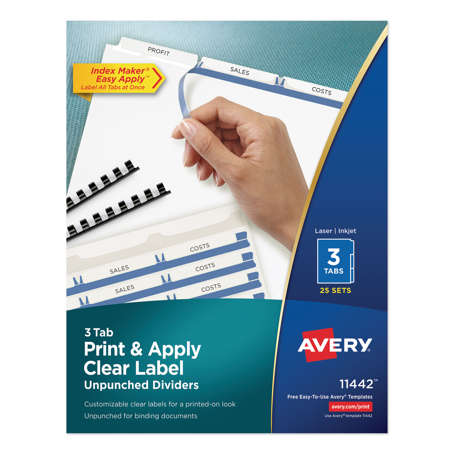  Avery 11442 Print and Apply Index Maker Clear Label Unpunched Dividers, 3-Tab, Ltr, 25 Sets (AVE11442) 