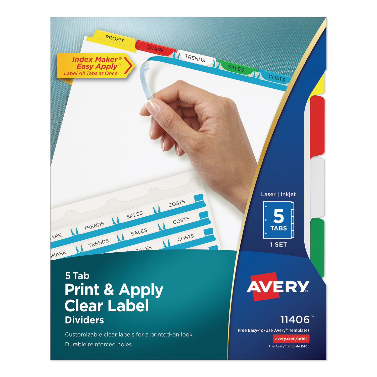  Avery 11406 Print and Apply Index Maker Clear Label Dividers, 5 Color Tabs, Letter (AVE11406) 