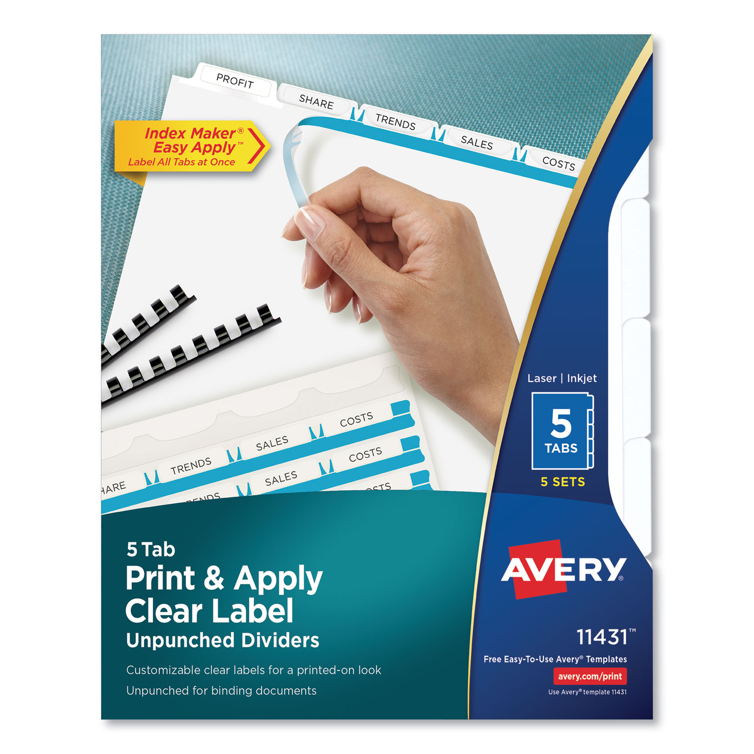  Avery 11431 Print and Apply Index Maker Clear Label Unpunched Dividers, 5Tab, Letter, 5 Sets (AVE11431) 