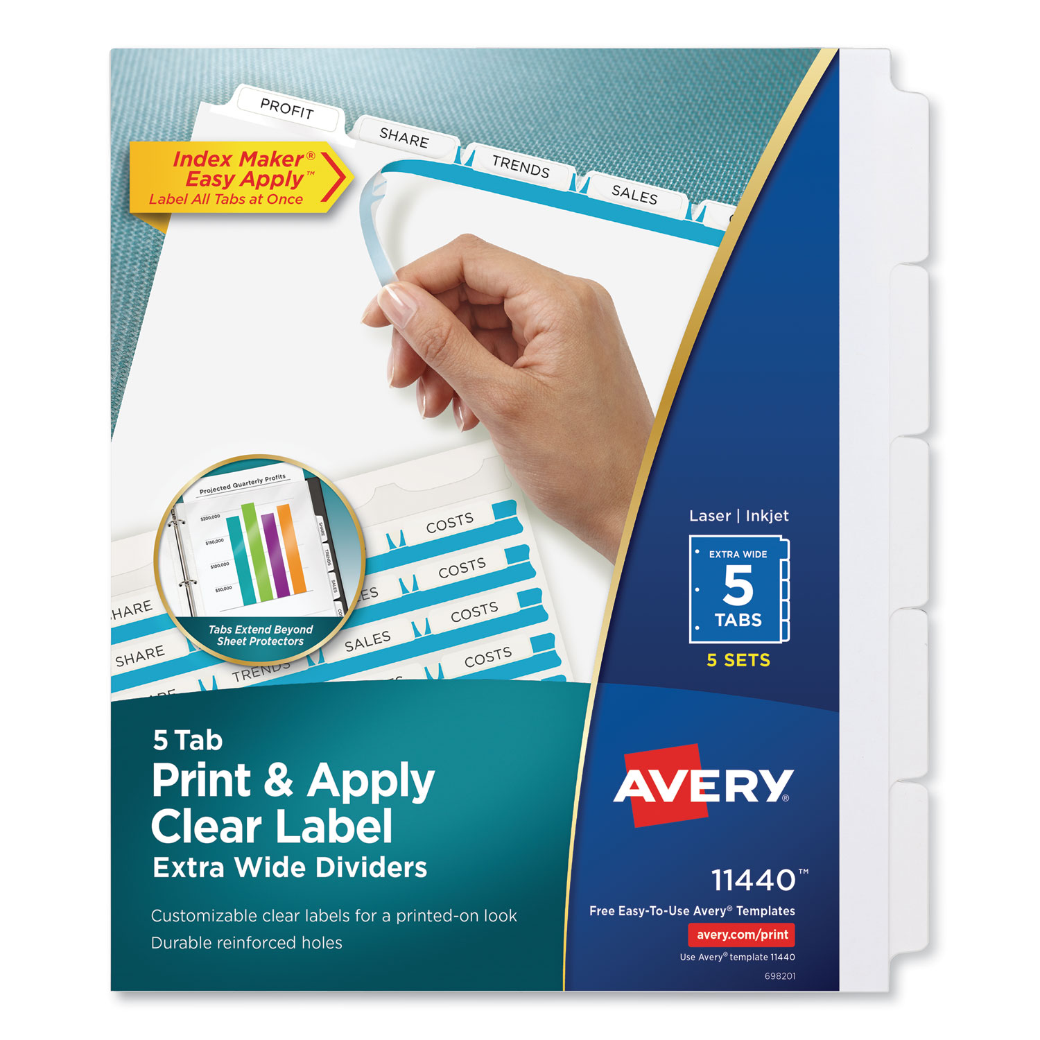  Avery 11440 Print and Apply Index Maker Clear Label Dividers, 5 White Tabs, Letter, 5 Sets (AVE11440) 