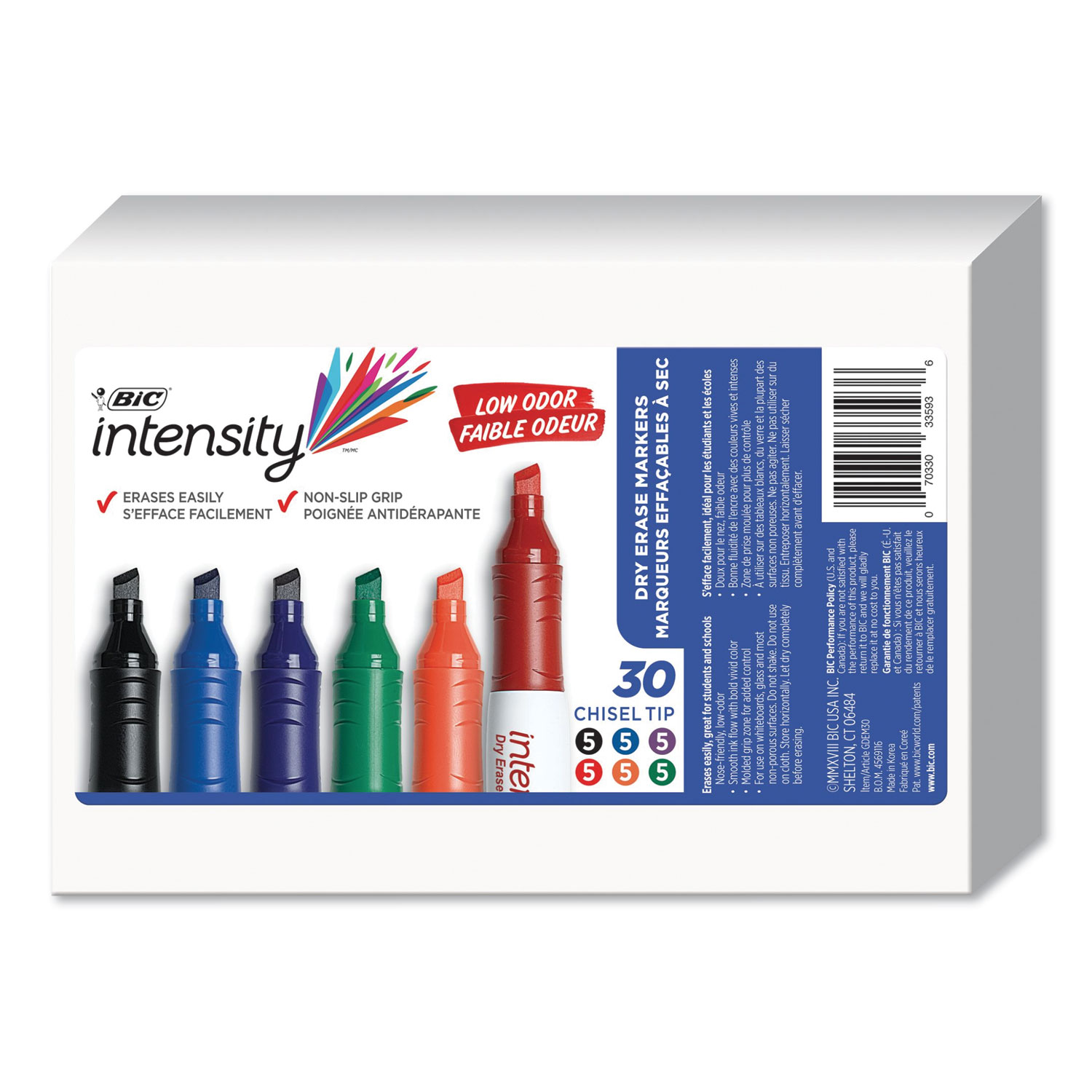  BIC GDEM-30-ASST Intensity Low Odor Dry Erase Marker, Broad Chisel Tip, Assorted Colors, 30/Pack (BICGDEM30ASST) 