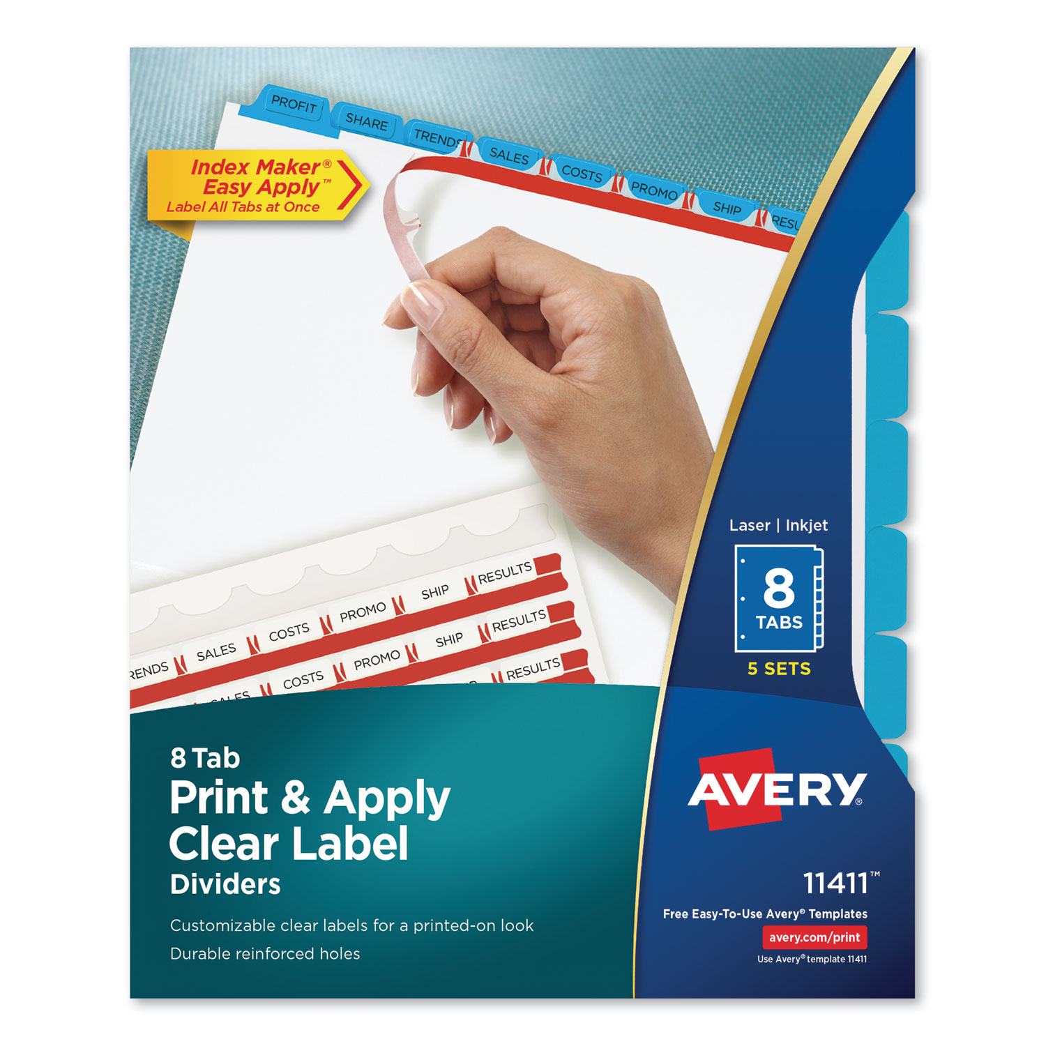  Avery 11411 Print and Apply Index Maker Clear Label Dividers, 8 Color Tabs, Letter, 5 Sets (AVE11411) 
