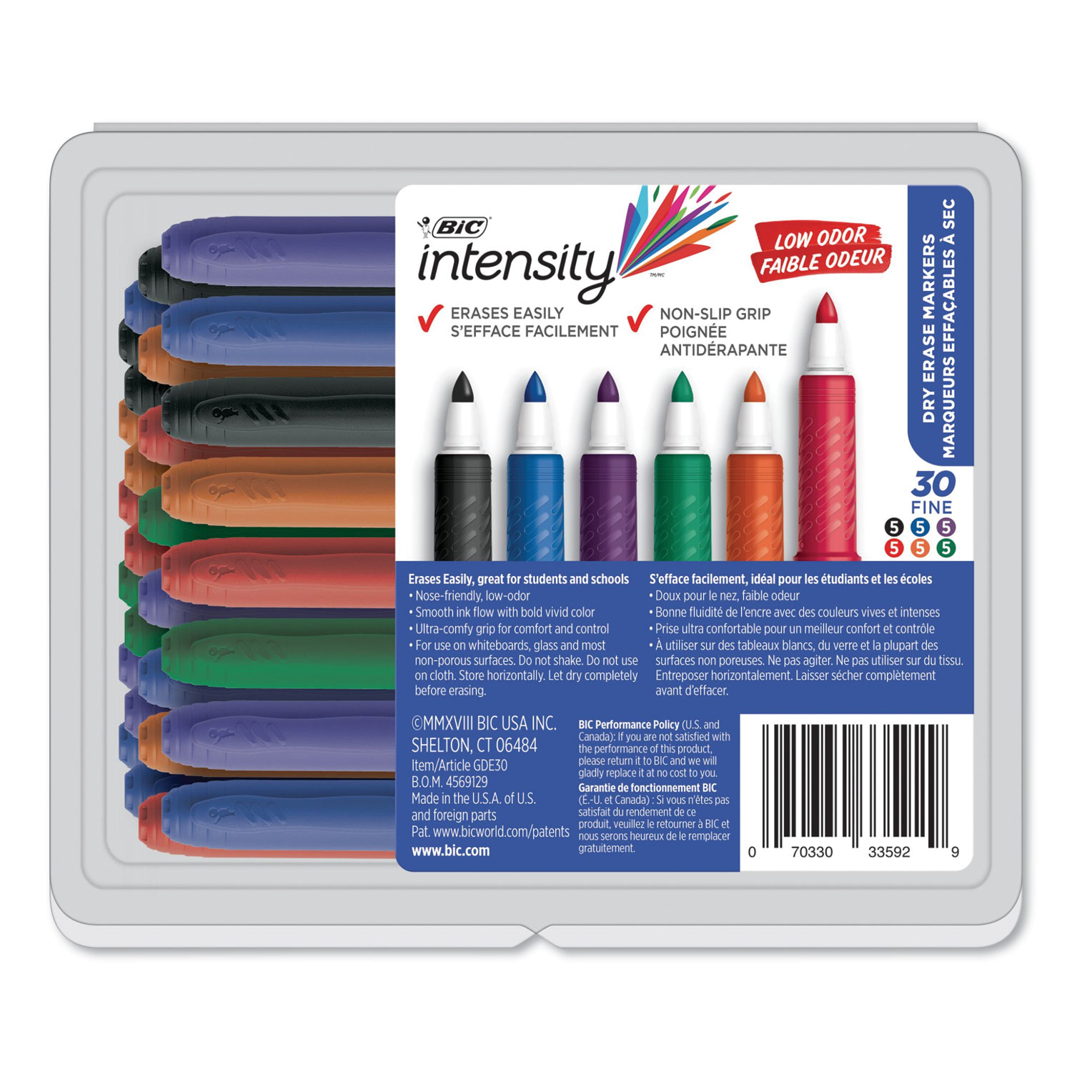  BIC GDE30AST Intensity Low Odor Dry Erase Marker, Fine Bullet Tip, Assorted Colors, 30/Set (BICGDE30AST) 