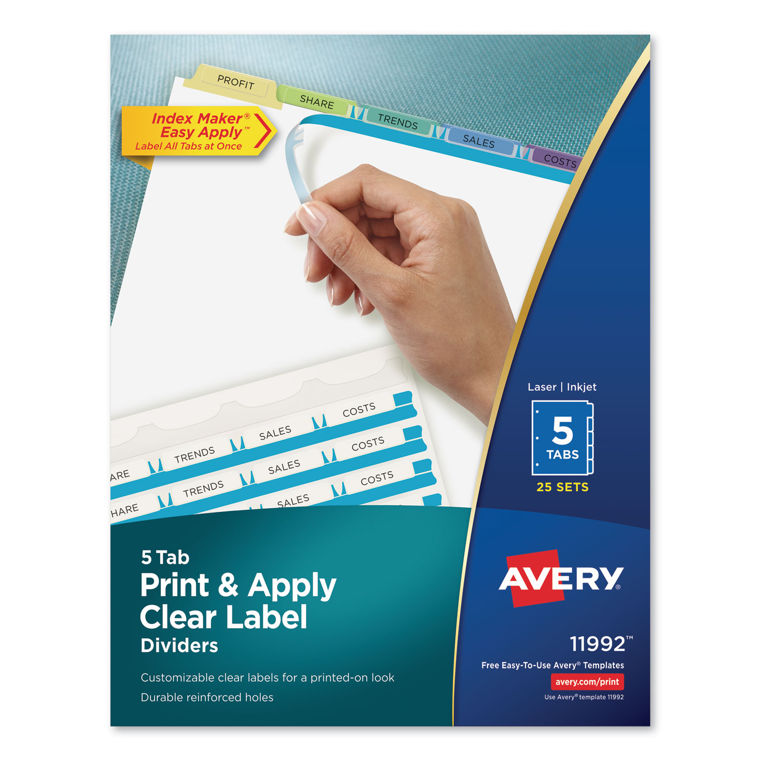  Avery 11992 Print and Apply Index Maker Clear Label Dividers, 5 Color Tabs, Letter, 25 Sets (AVE11992) 