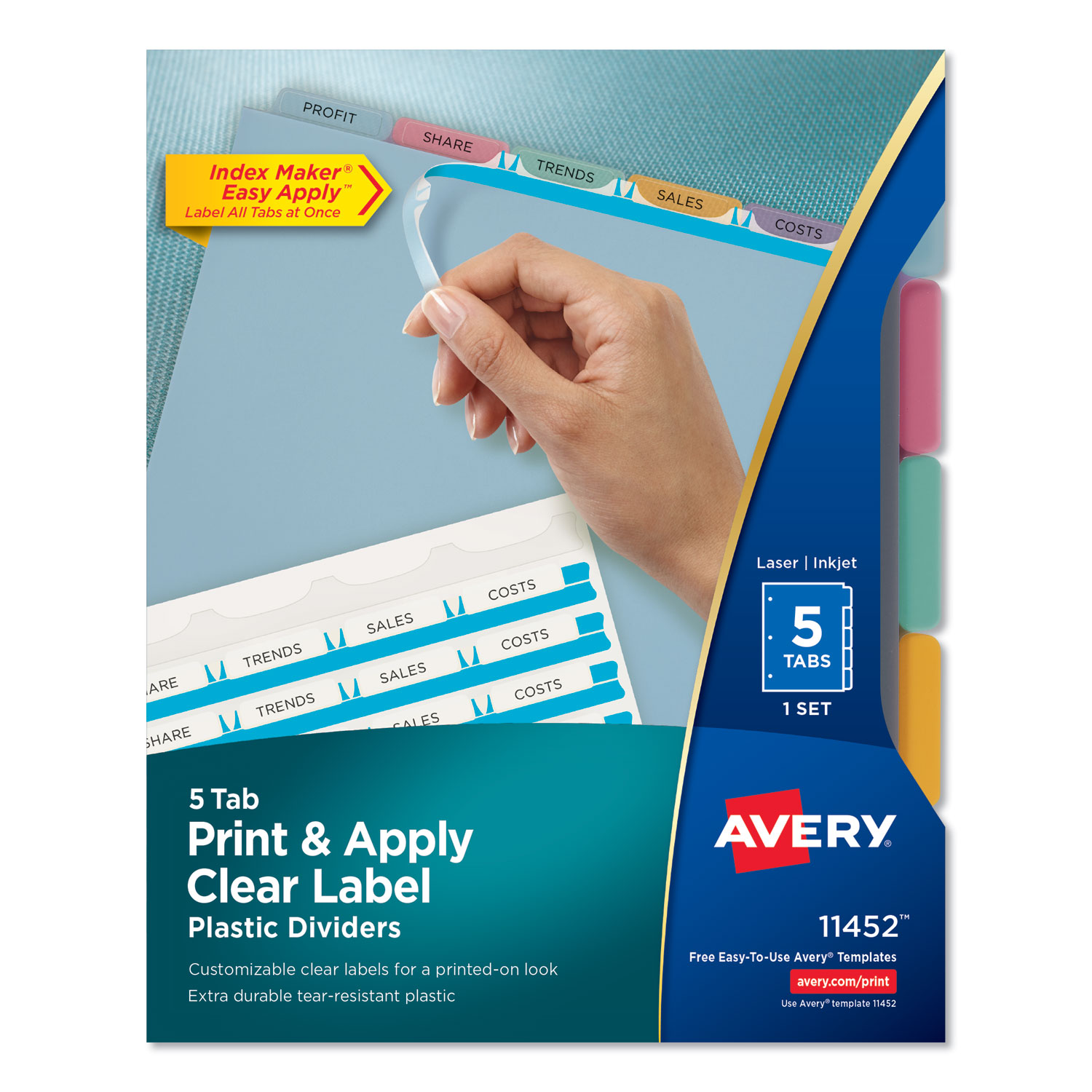  Avery 11452 Print and Apply Index Maker Clear Label Plastic Dividers with Printable Label Strip, 5-Tab, 11 x 8.5, Translucent, 1 Set (AVE11452) 