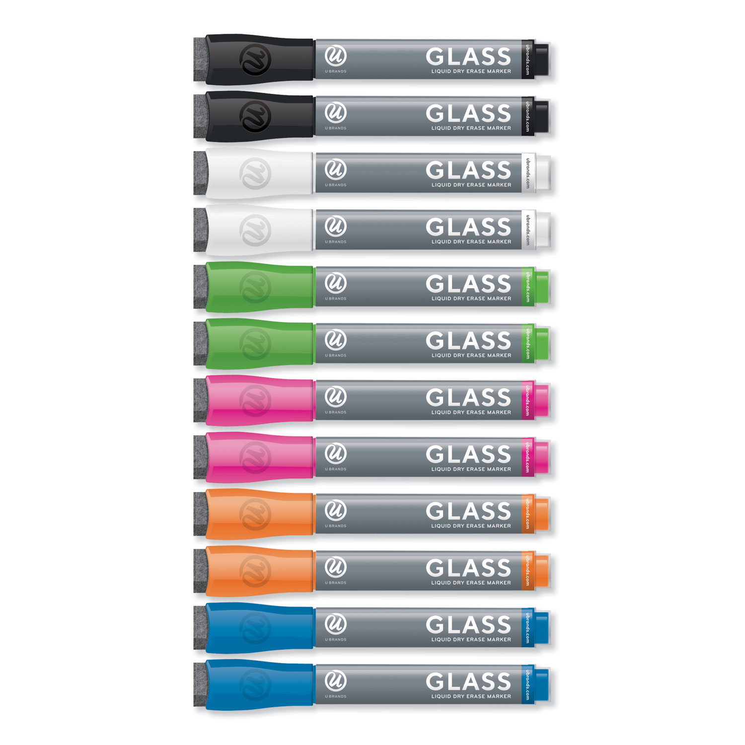  U Brands 2913U00-12 Bullet Tip Low-Odor Liquid Glass Markers with Erasers, Assorted Colors, 12/Pack (UBR2913U0012) 