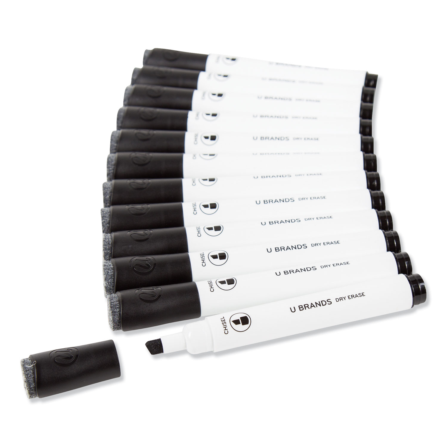 U Brands 2925U00-12 Chisel Tip Low-Odor Dry-Erase Markers with Erasers, Black, Dozen (UBR2925U0012) 