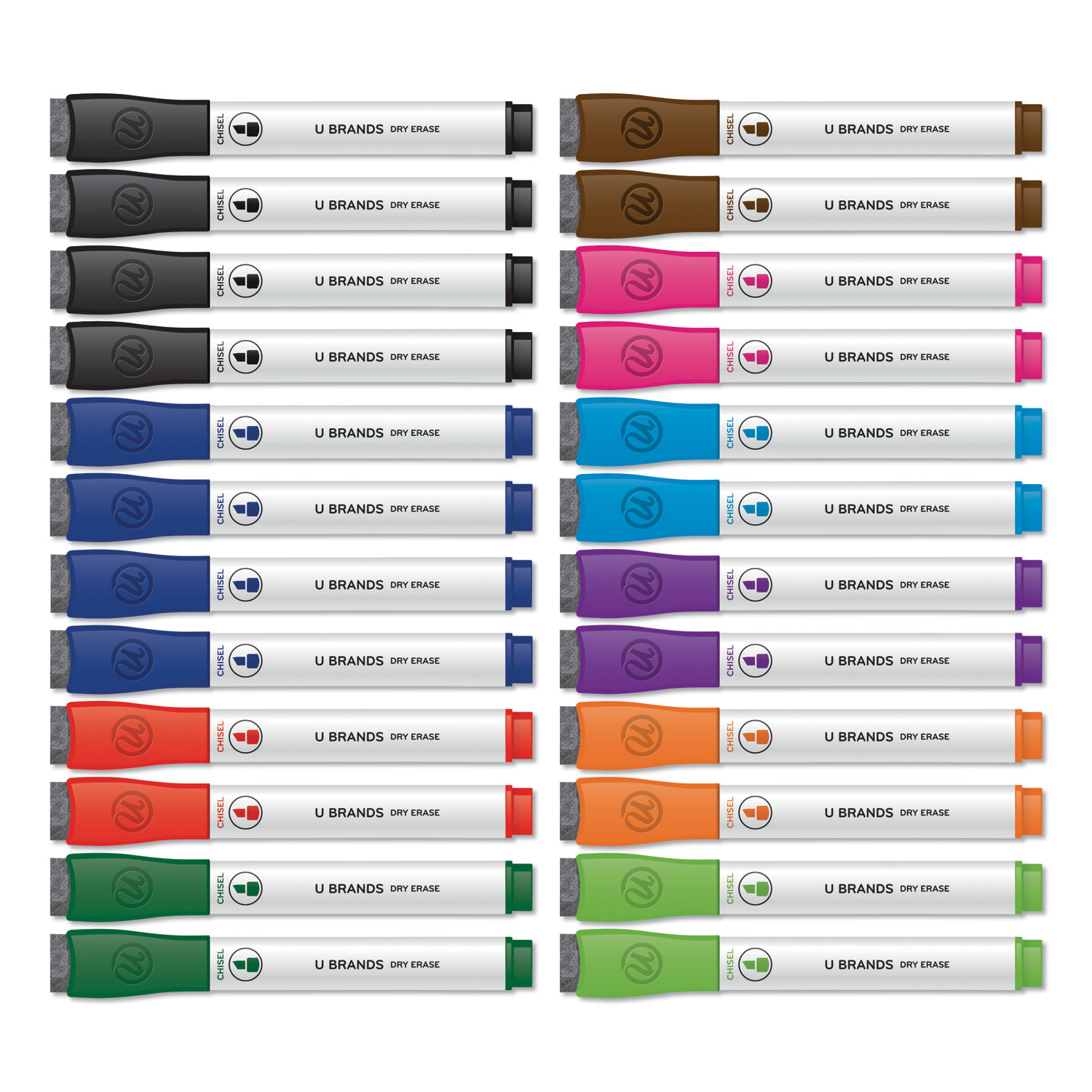  U Brands 2929U00-12 Chisel Tip Low-Odor Dry-Erase Markers with Erasers, Assorted Colors, 24/Pack (UBR2929U0012) 