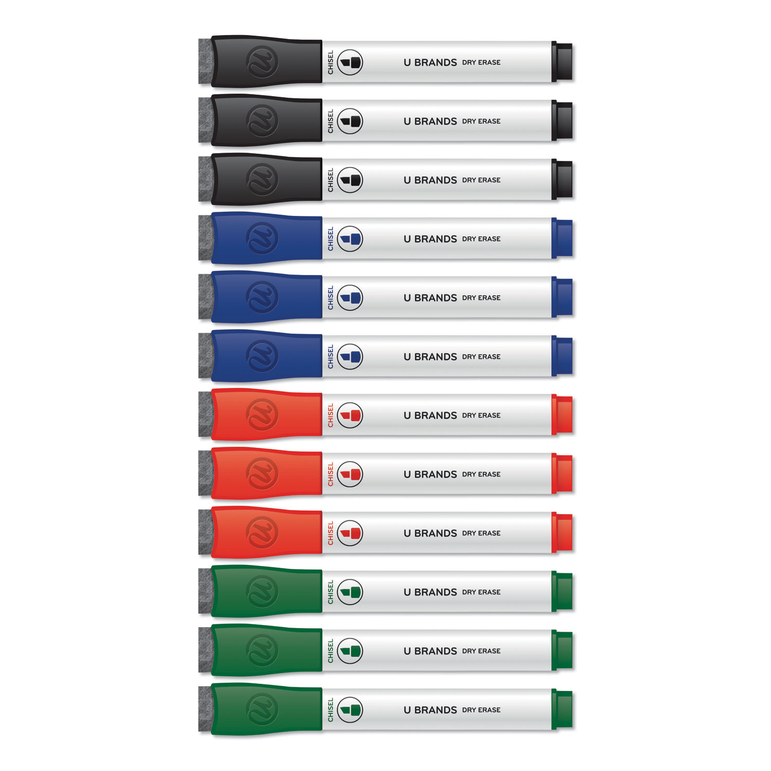  U Brands 3981U00-12 Chisel Tip Low-Odor Dry-Erase Markers with Erasers, Assorted Colors, 12/Pack (UBR3981U0012) 