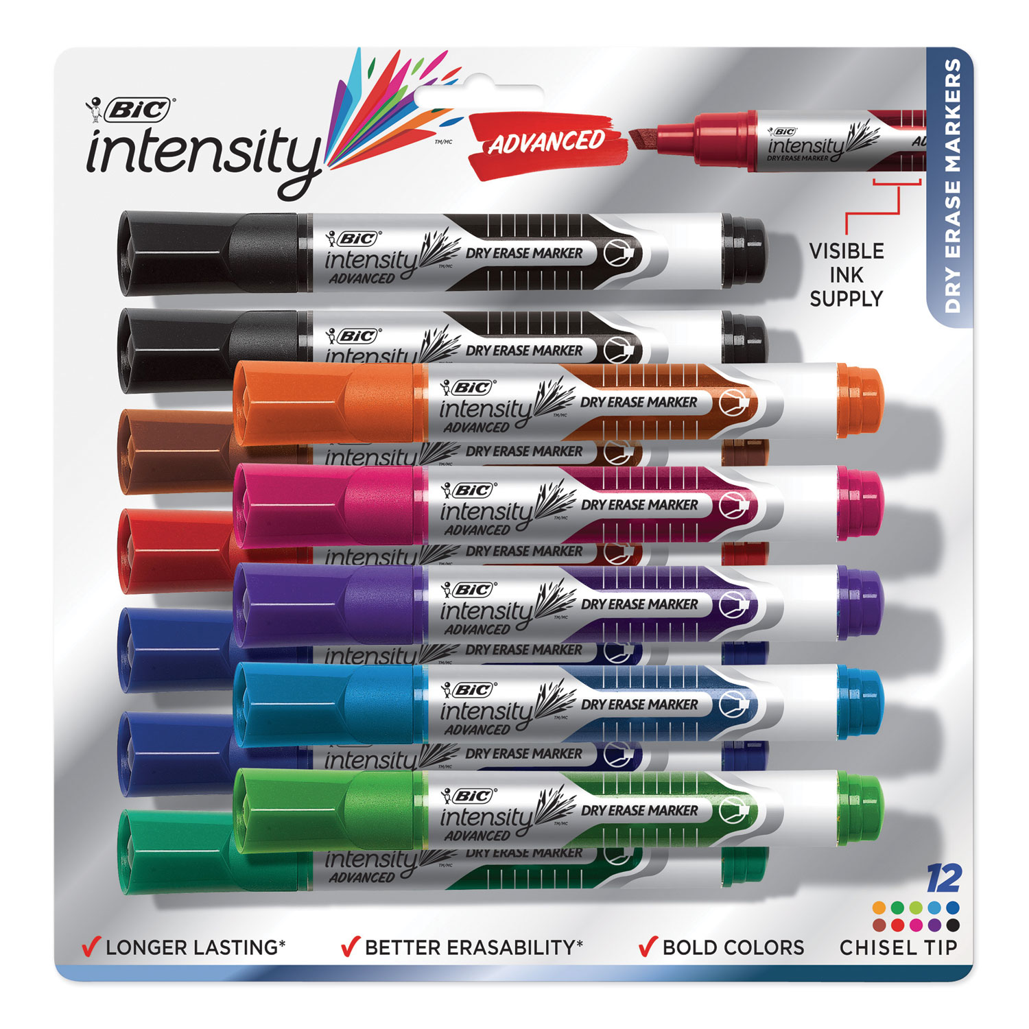  BIC GELITP121-AST Intensity Tank-Style Advanced Dry Erase Marker, Broad Bullet Tip, Assorted, Dozen (BICGELITP121AST) 