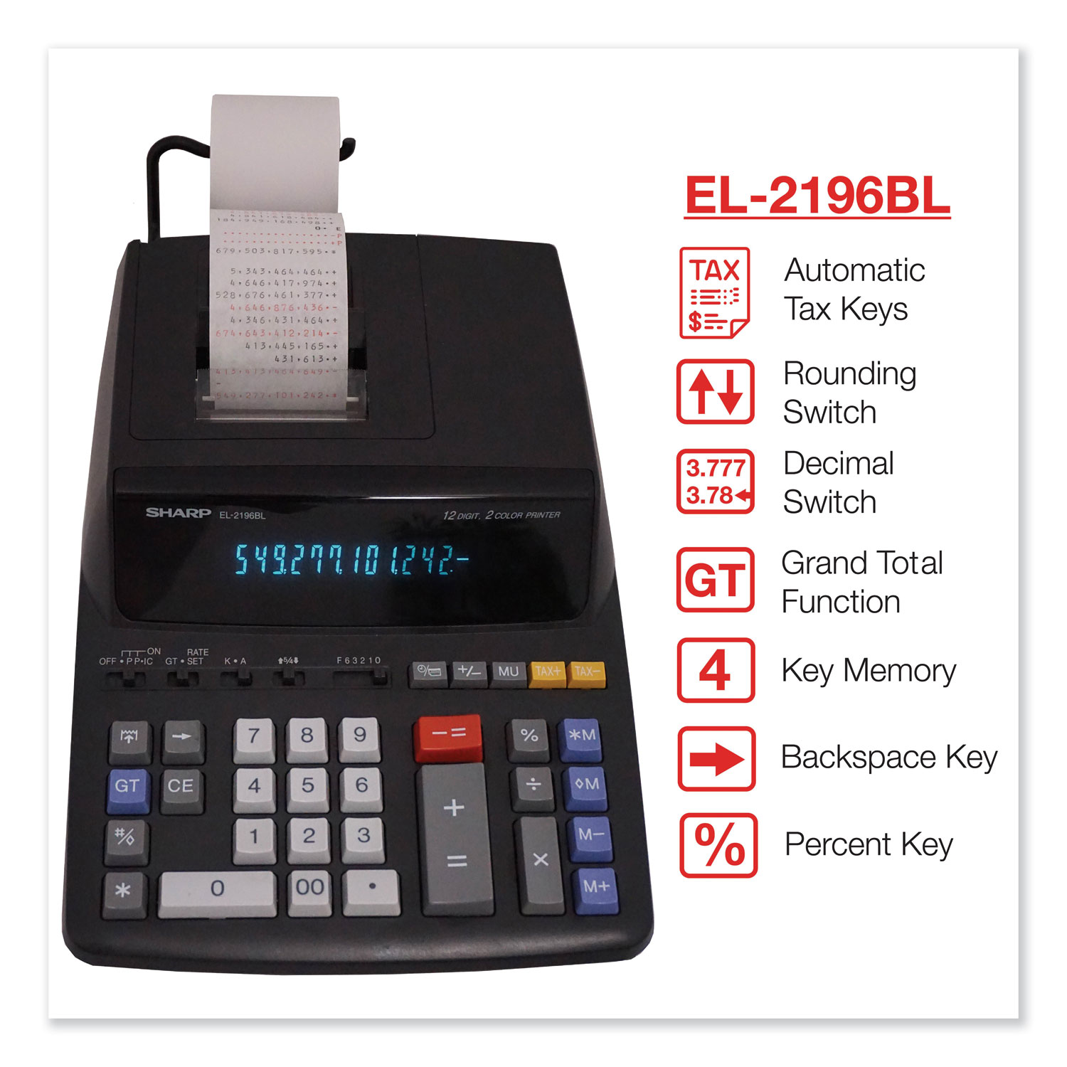 SHARP EL-2607RIII Printing Calculator - 12 Digit, 2-Color Print At 3.5 Lines/Second, With Cost/Sell/Margin & Tax Functions