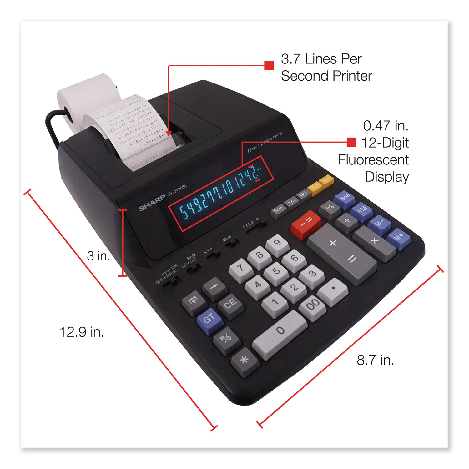 EL2196BL TwoColor Printing Calculator, Black/Red Print, 3.7 Lines/Sec